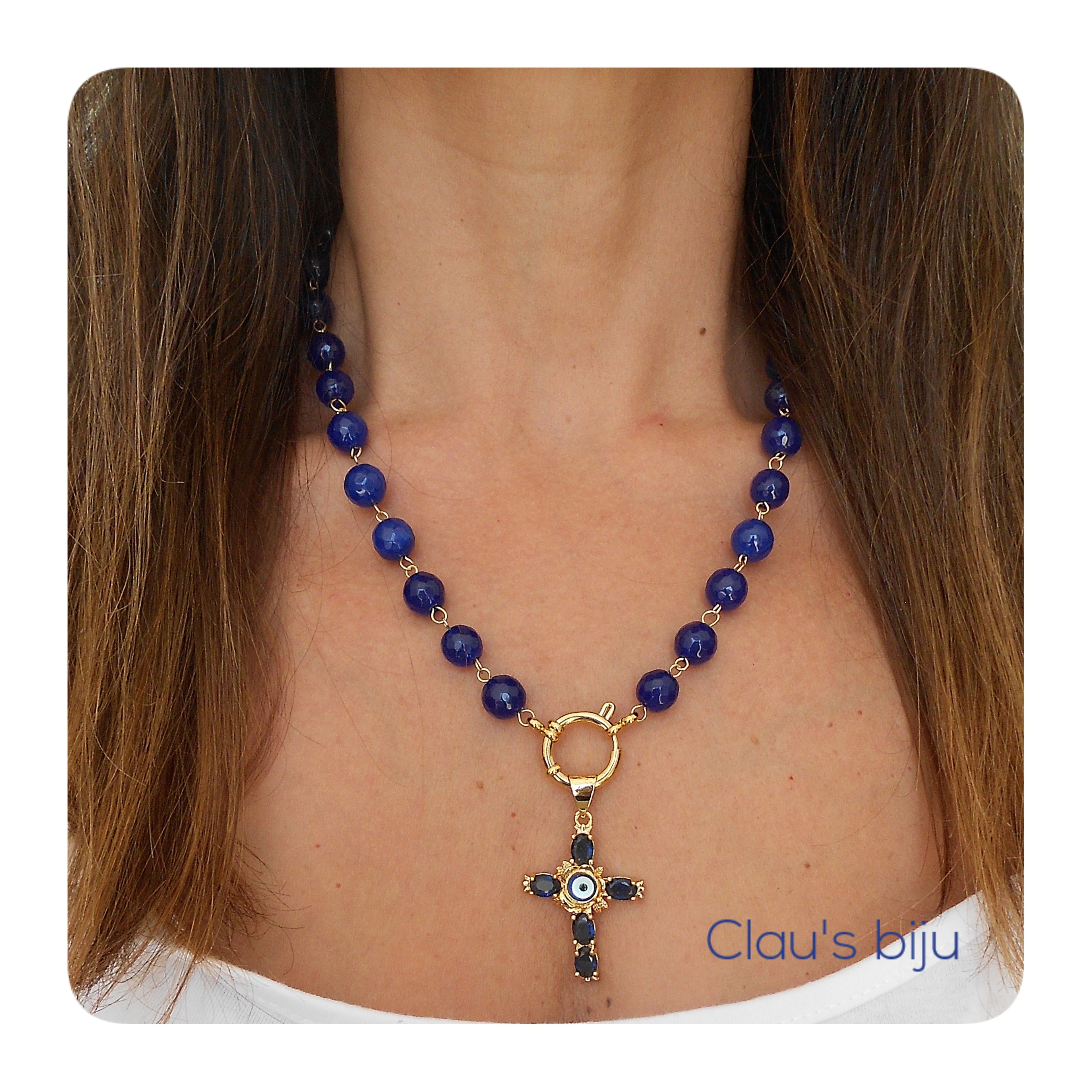 Colar com pedras Ágata azuis