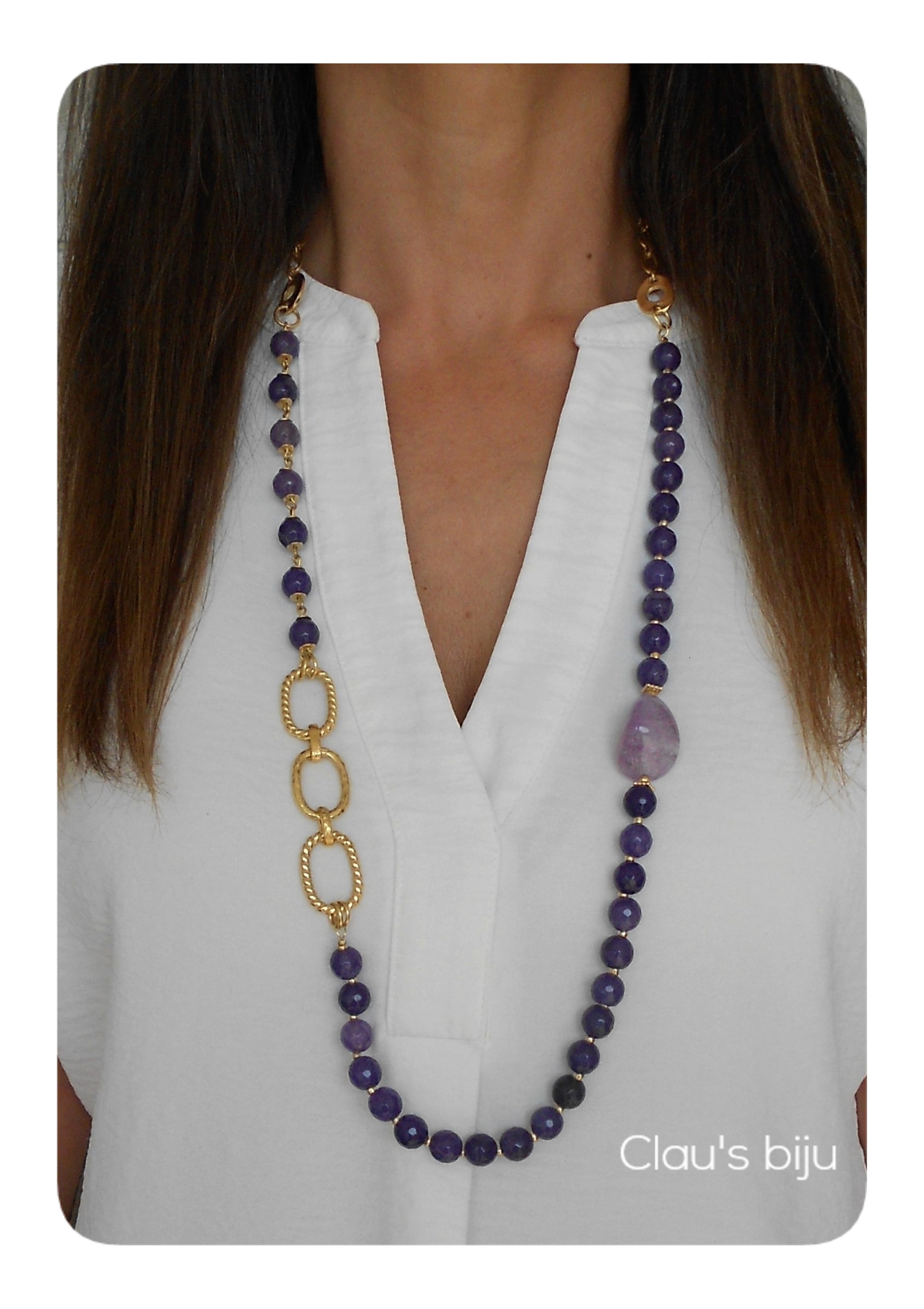 Colar com pedras Ametista, banhado a ouro de 18 quilates