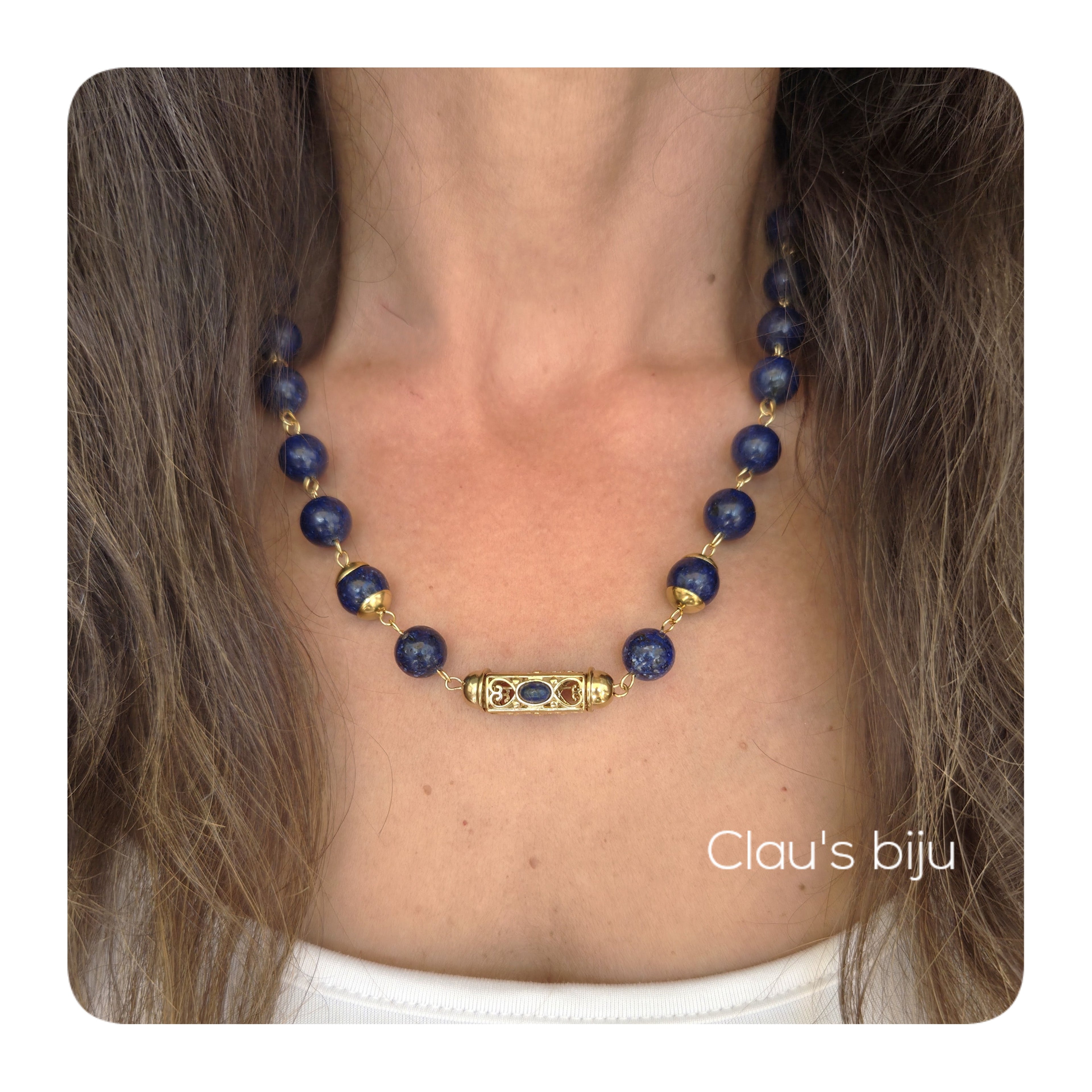 Colar com pedras  Lápis Lazuli com peças em aço