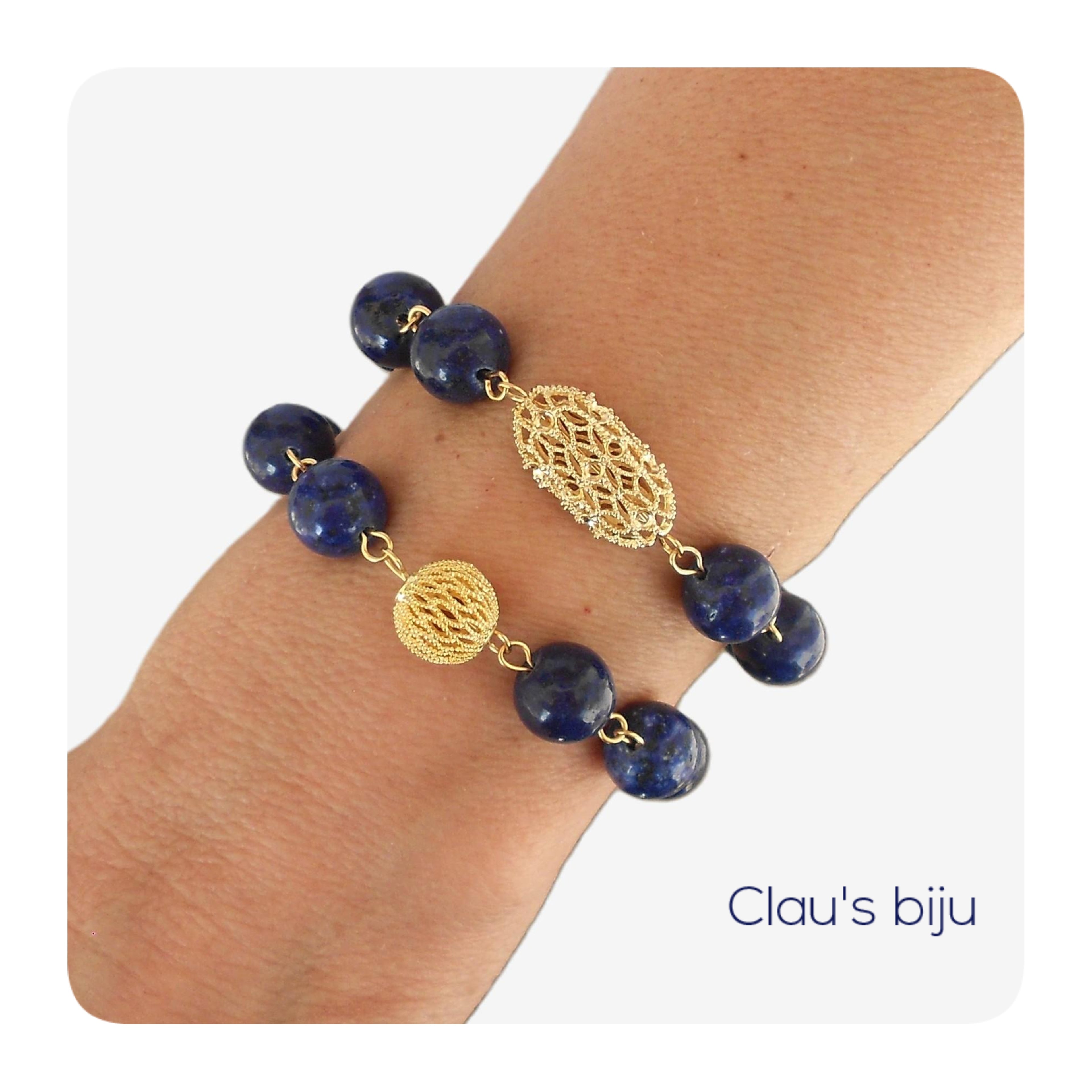 Pulseiras com pedras Lápis Lazuli com peças banhadas a ouro