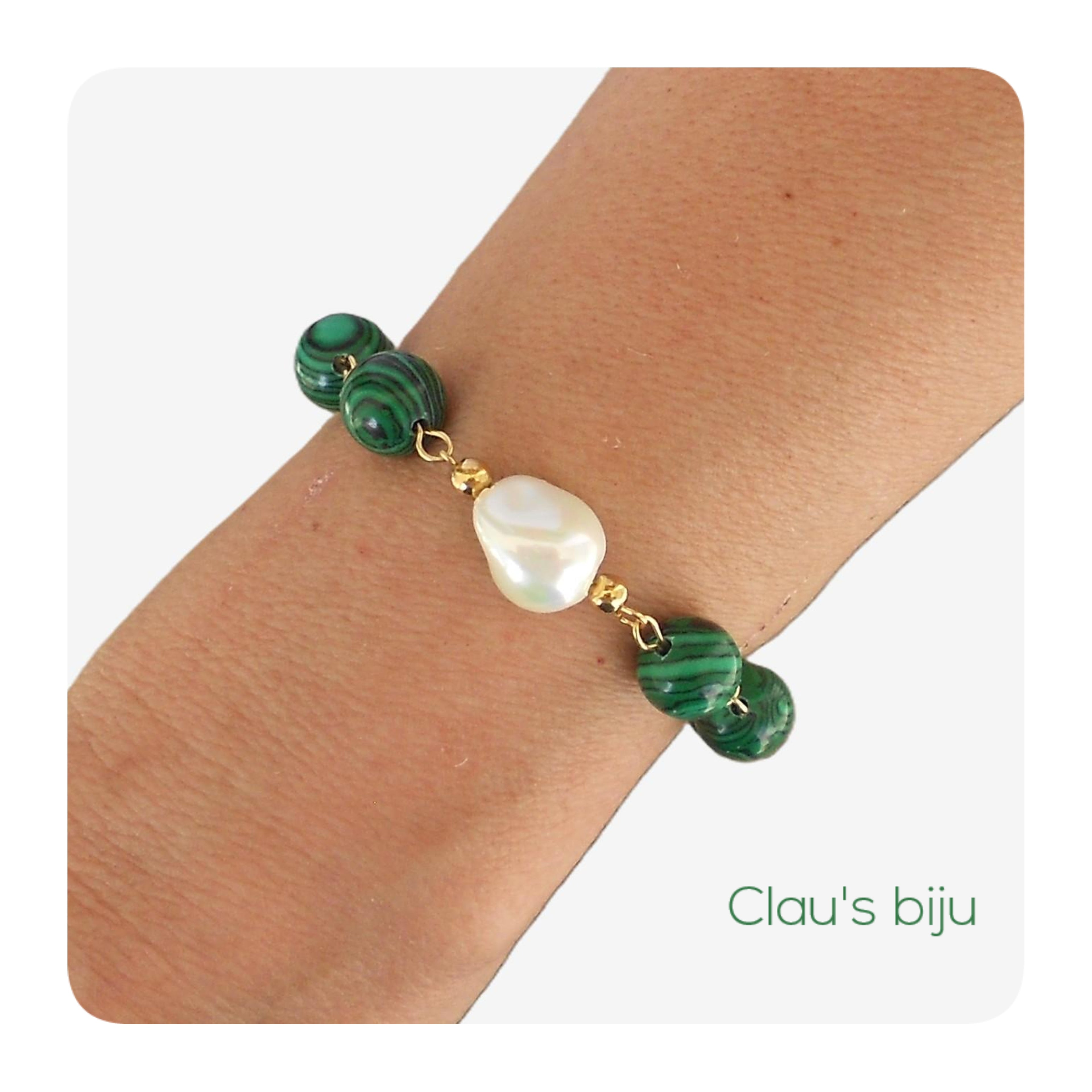 Pulseira com pedras Malaquite com peças em aço