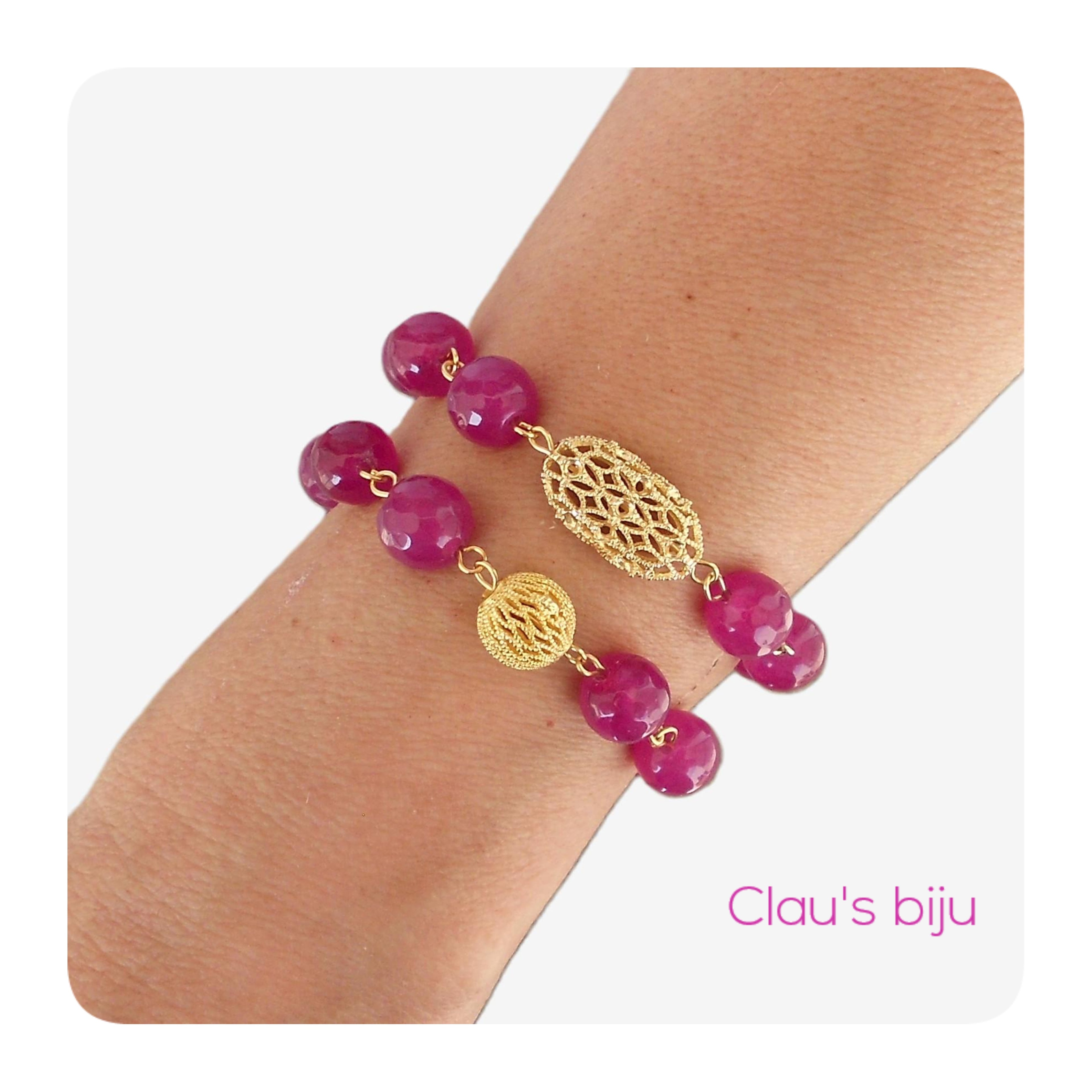 Pulseiras com pedras Ágata rosa com peças banhadas a ouro