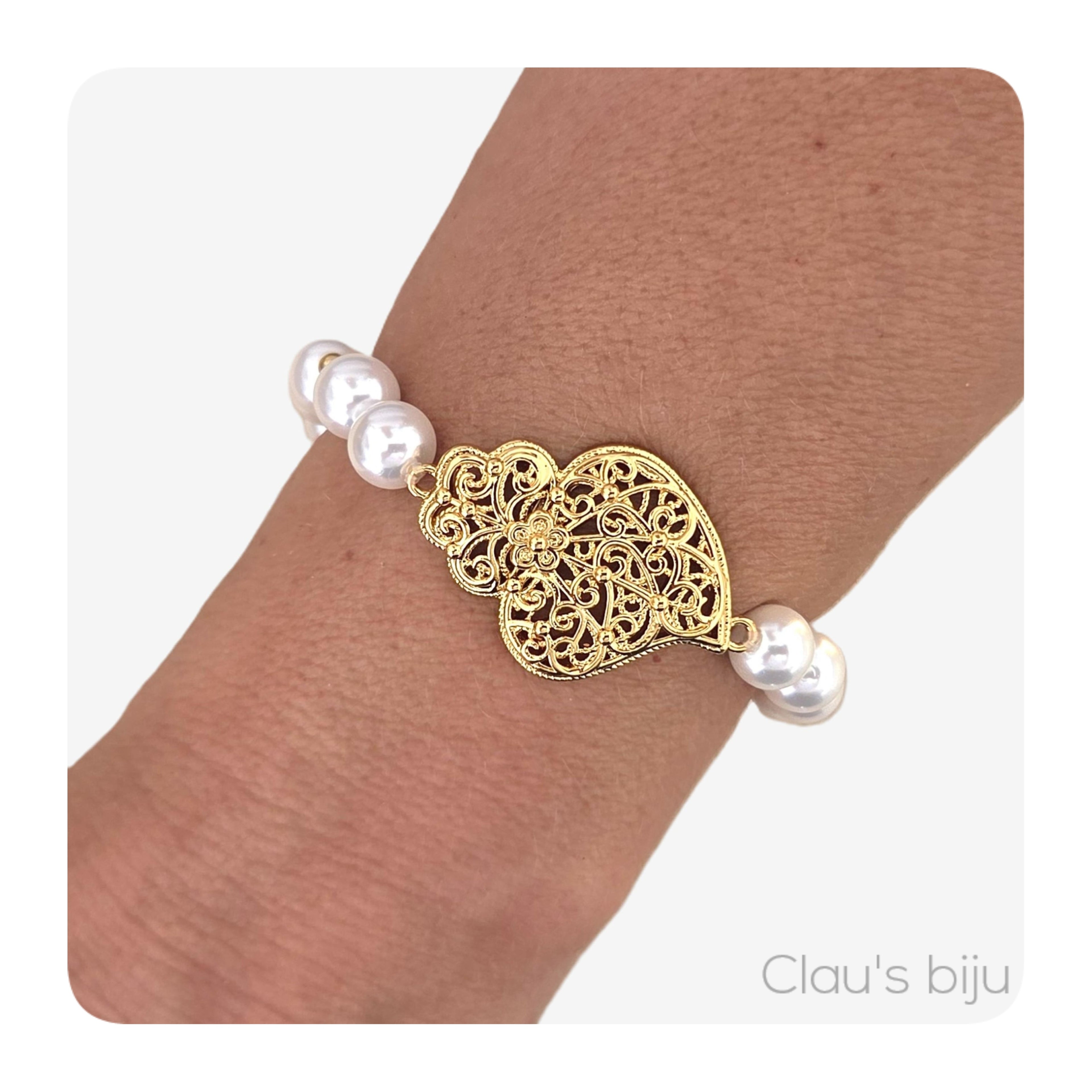 Pulseira de pérolas de água doce com coração Viana, em aço