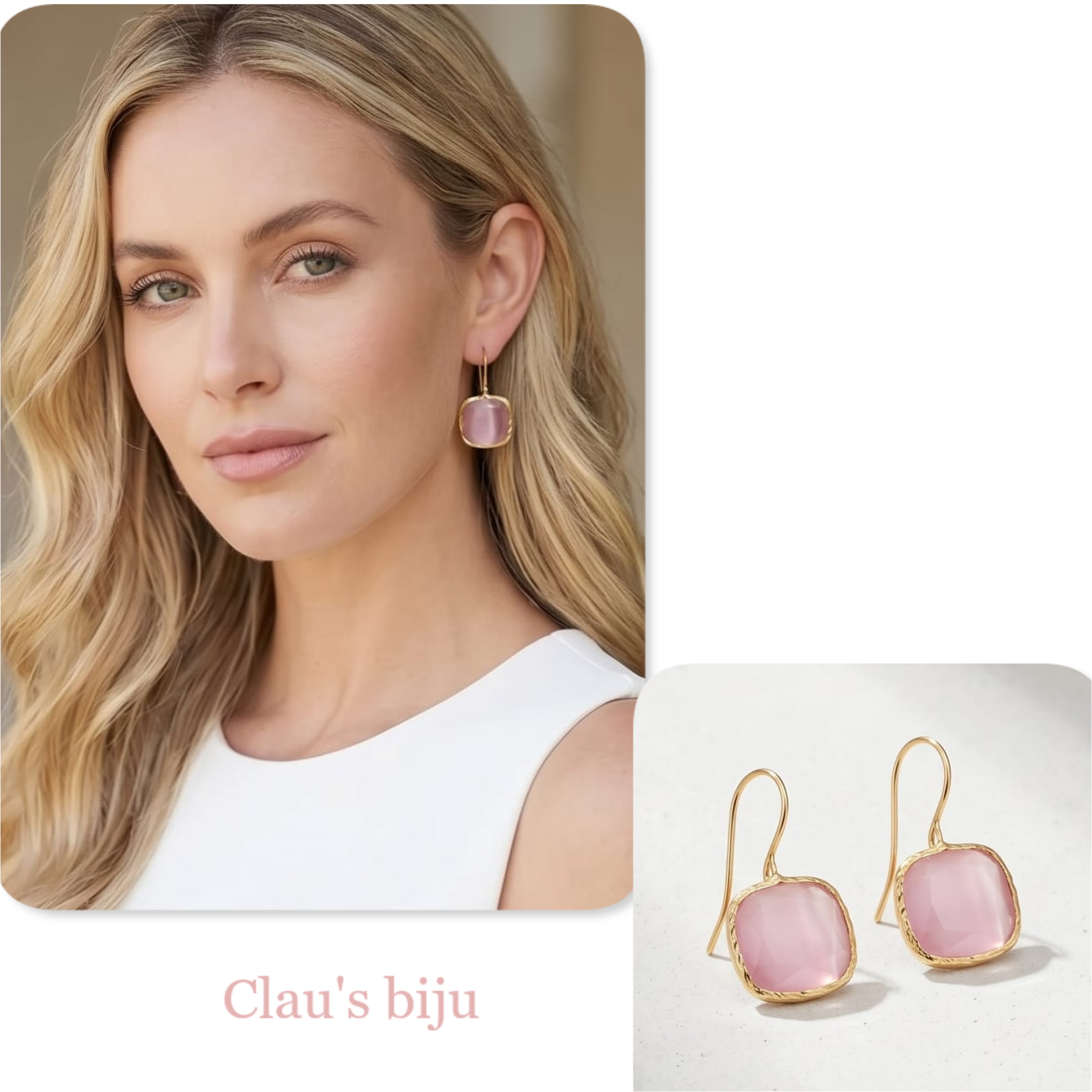 Brincos com pedra quartzo rosa, banhados a ouro
