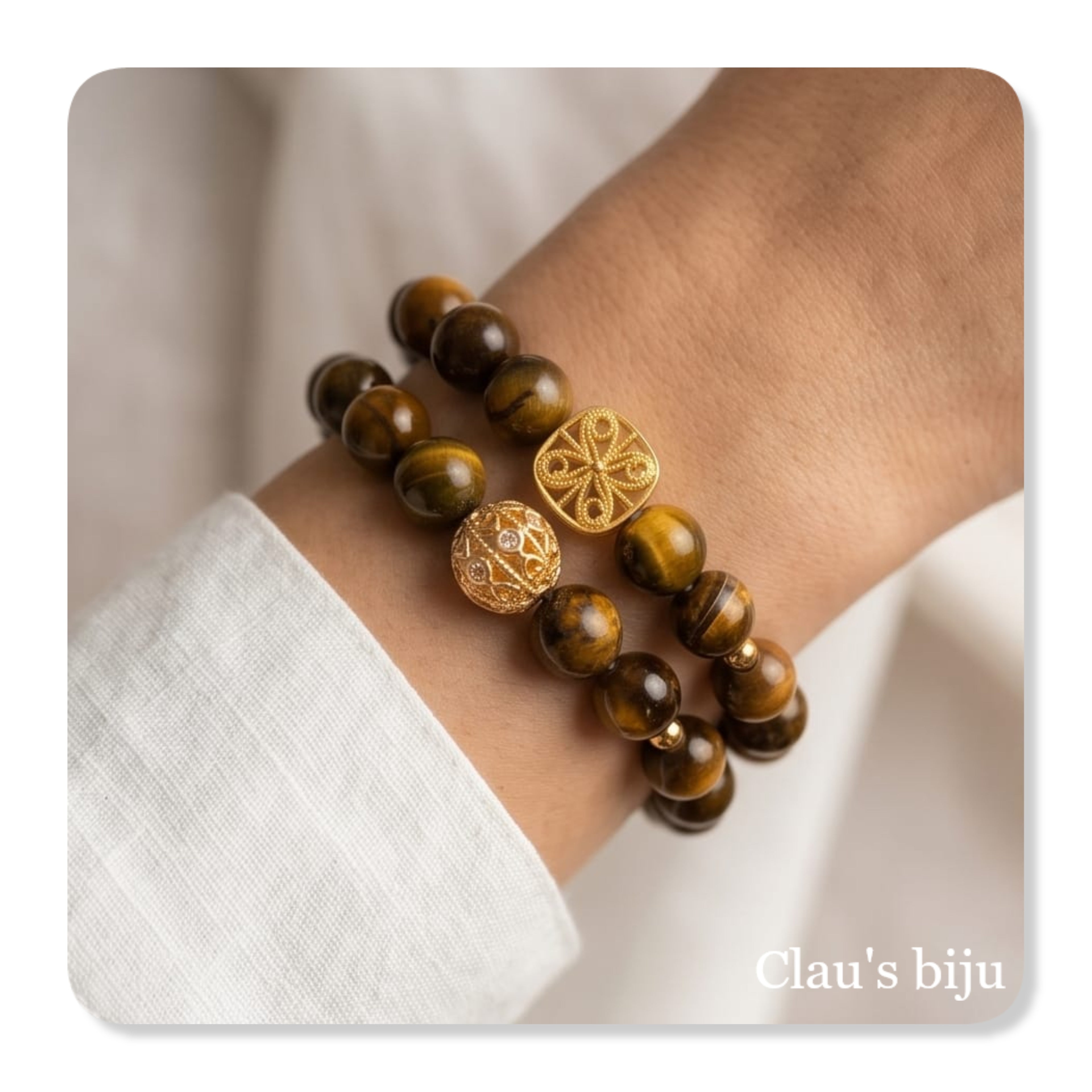 Pulseiras com pedras olho de tigre com peças banhadas a ouro