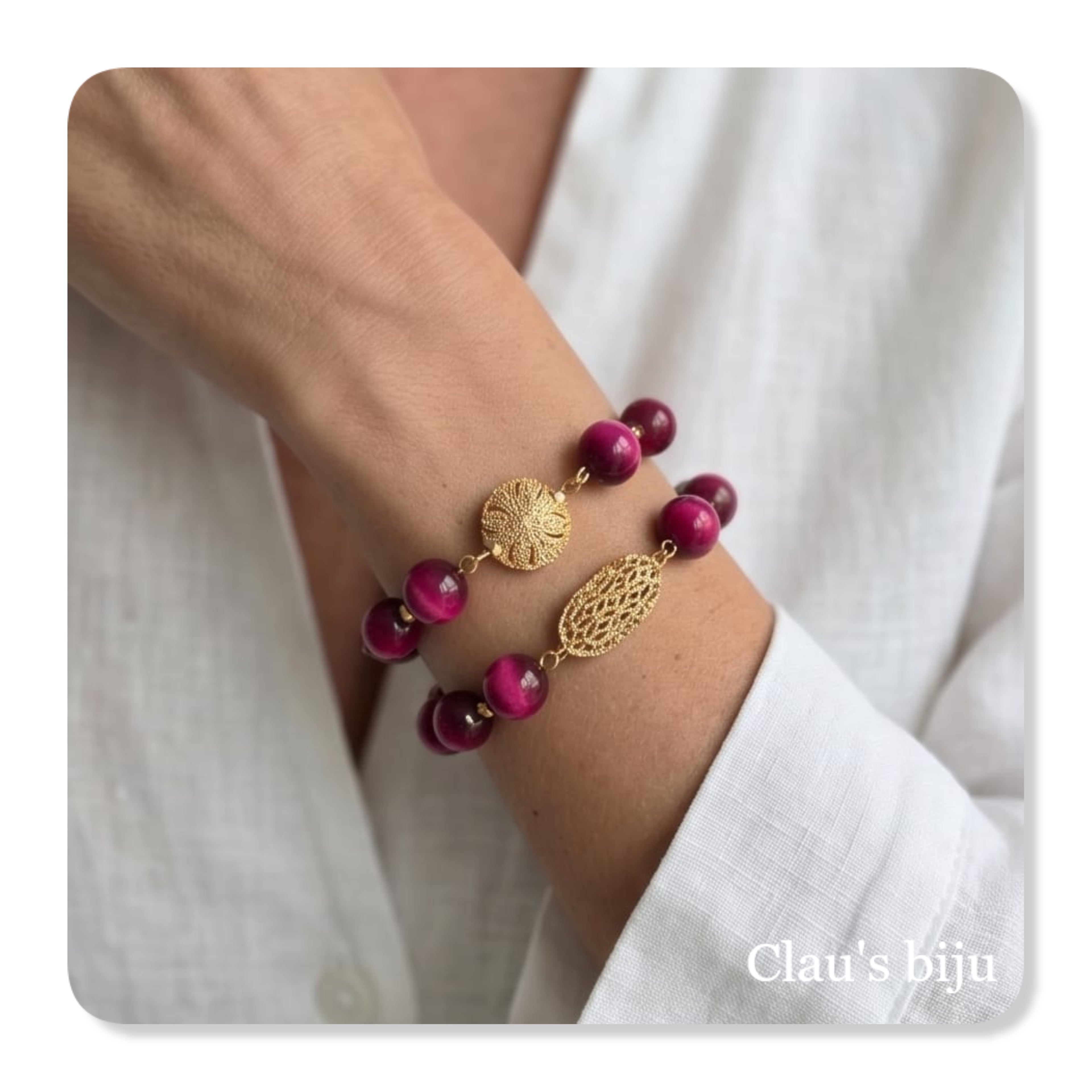 Pulseiras com pedras olho de tigre rosa , com peça banhada a ouro de 18 quilates