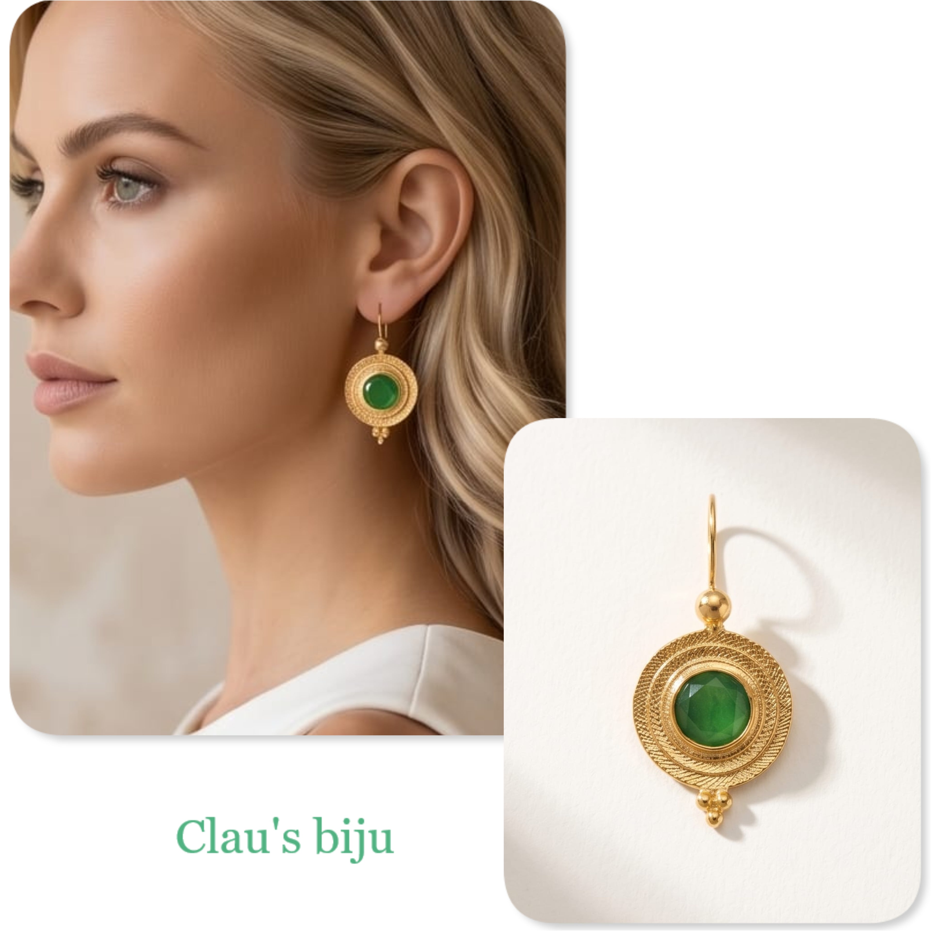 Brincos com pedra verde, banhados a ouro de 18 quilates