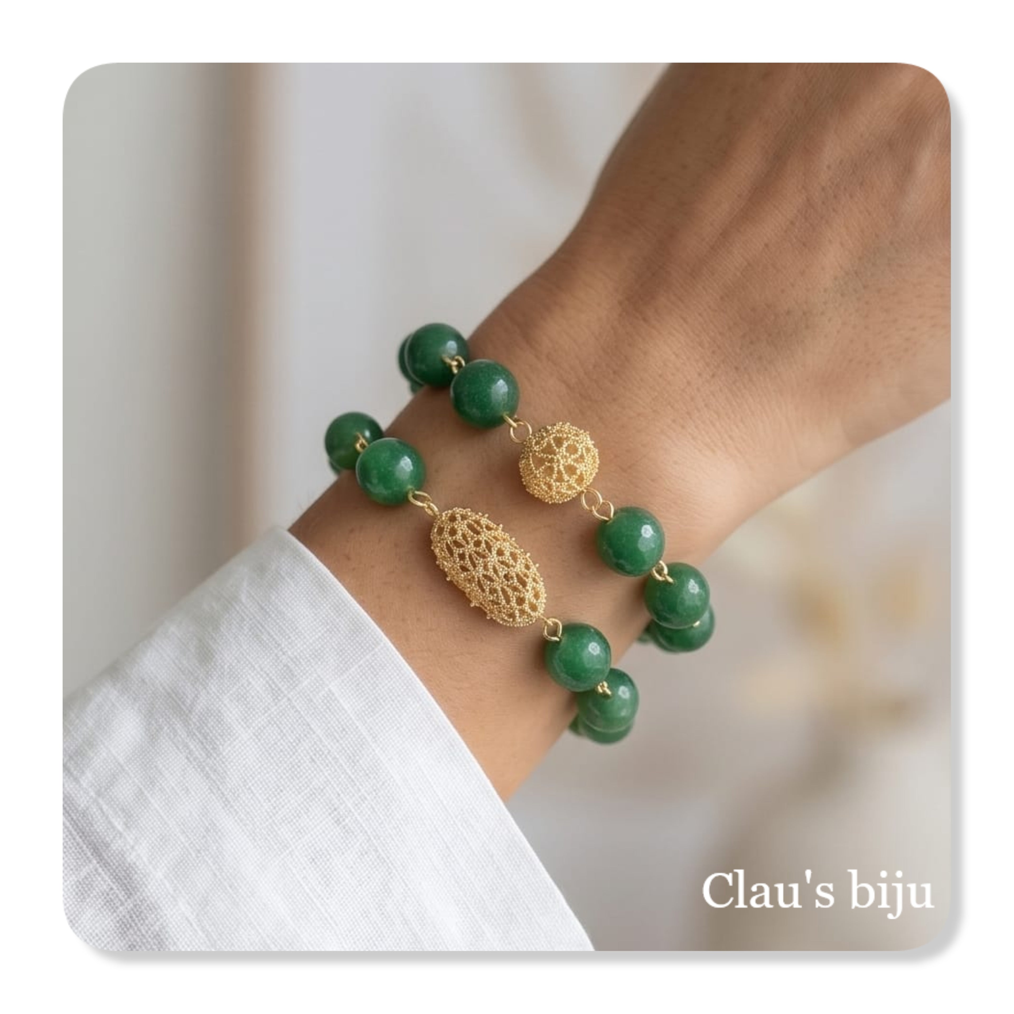 Bracelets with green stones and 18-karat gold-plated pieces.
