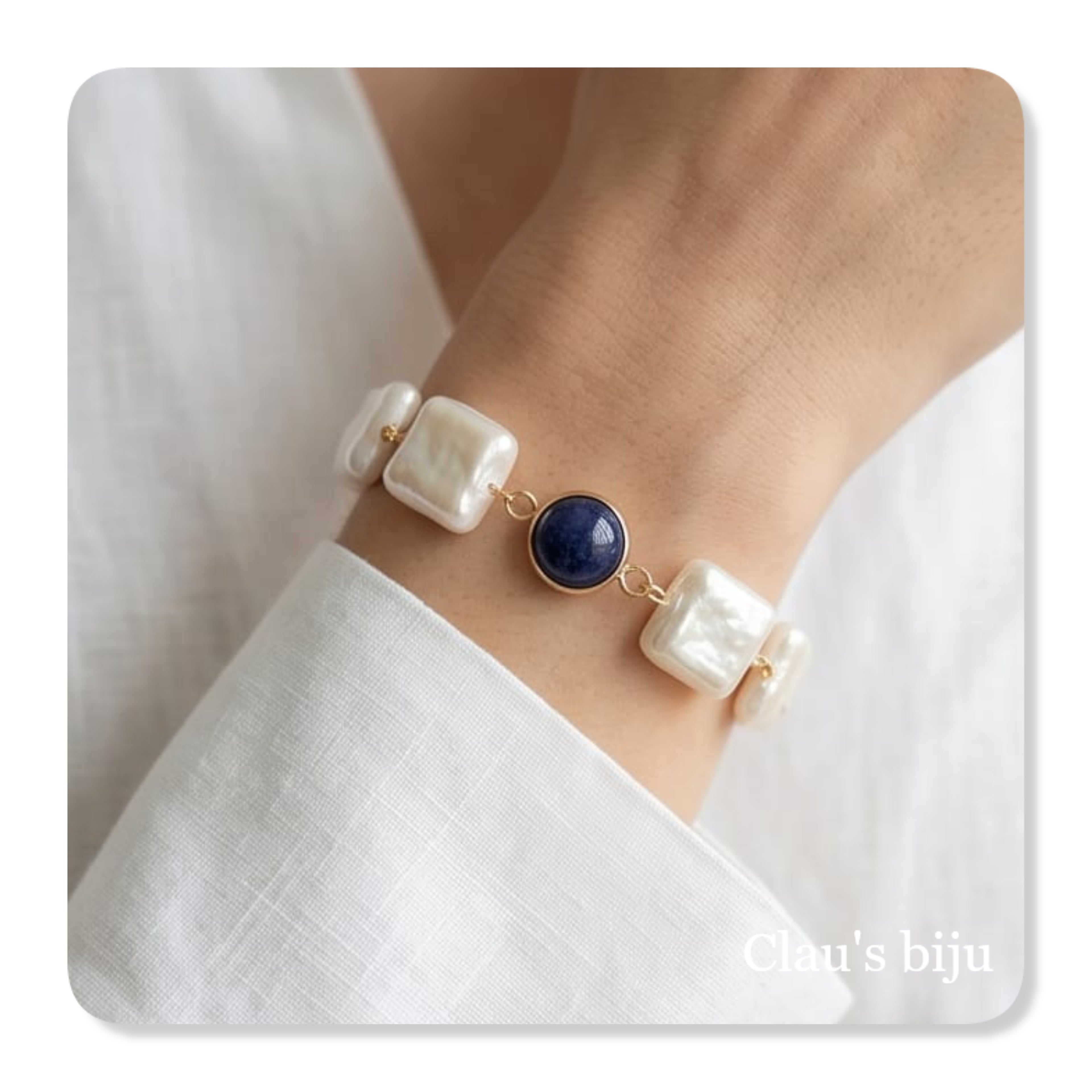 Pulseira com peças quadradas e pedra lápis lazuli