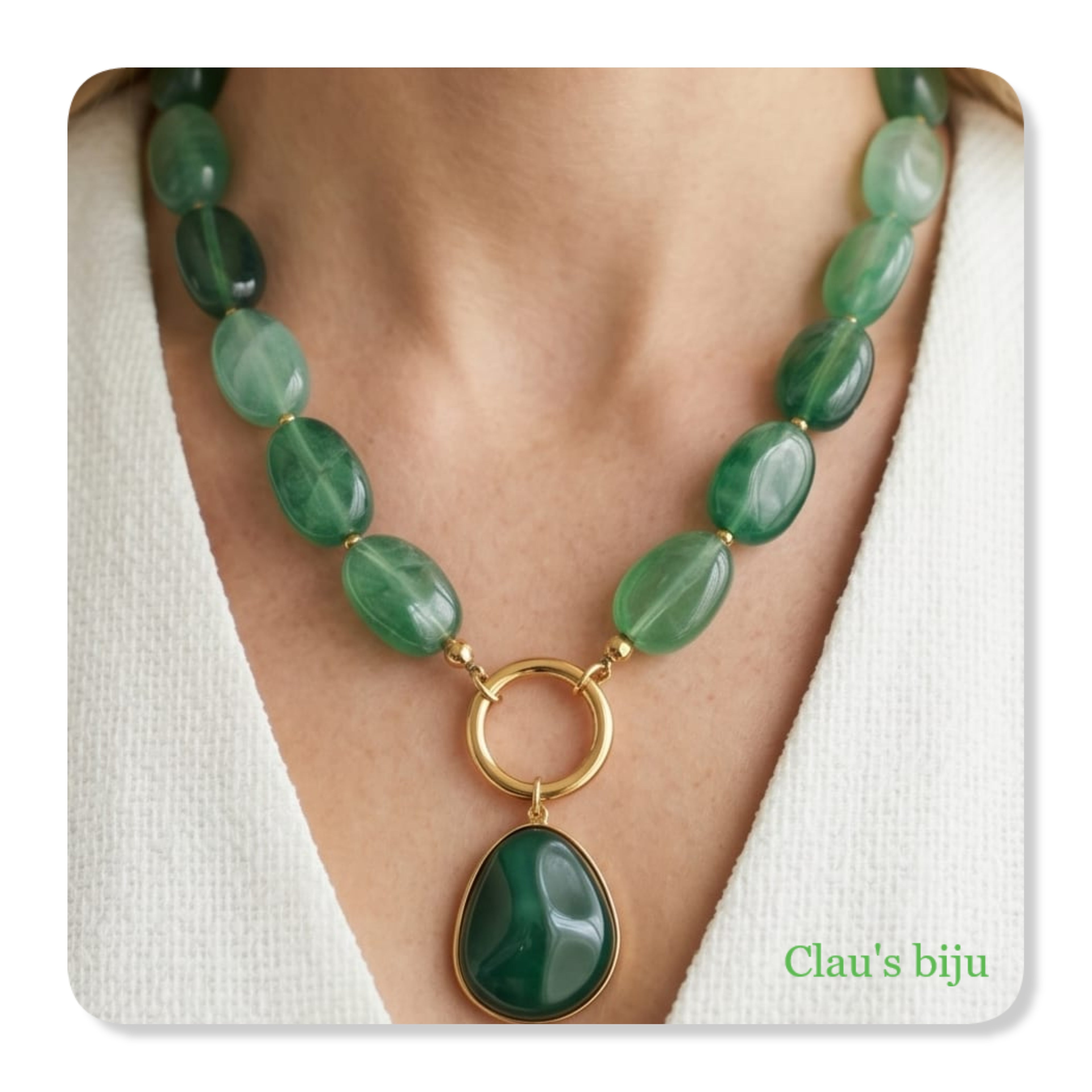 Necklace with green resin and steel pieces.