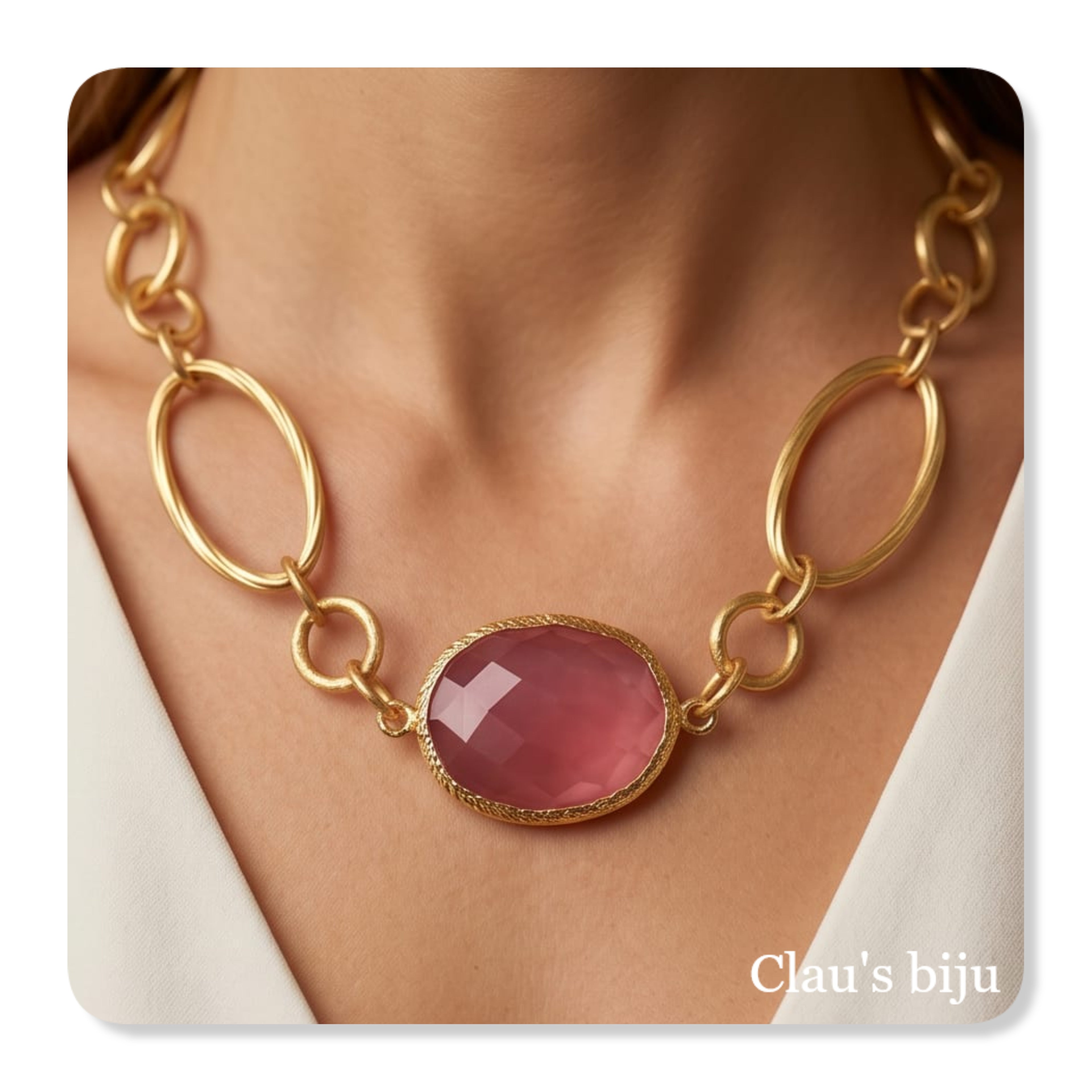 Pulseira com pedra quartzo rosa, banhada a ouro de 18 quilates