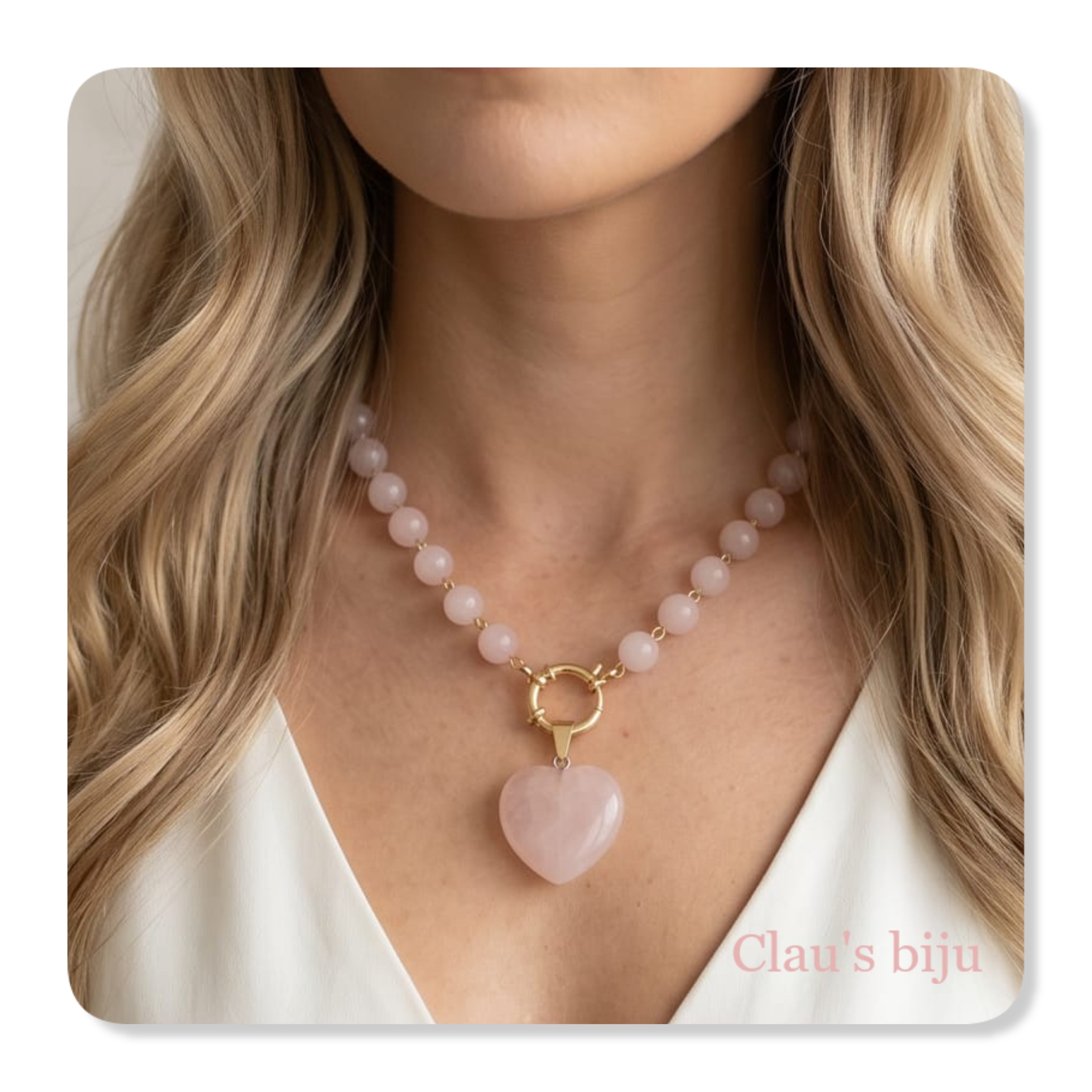 Colar com pedras quartzo rosa e peças em aço