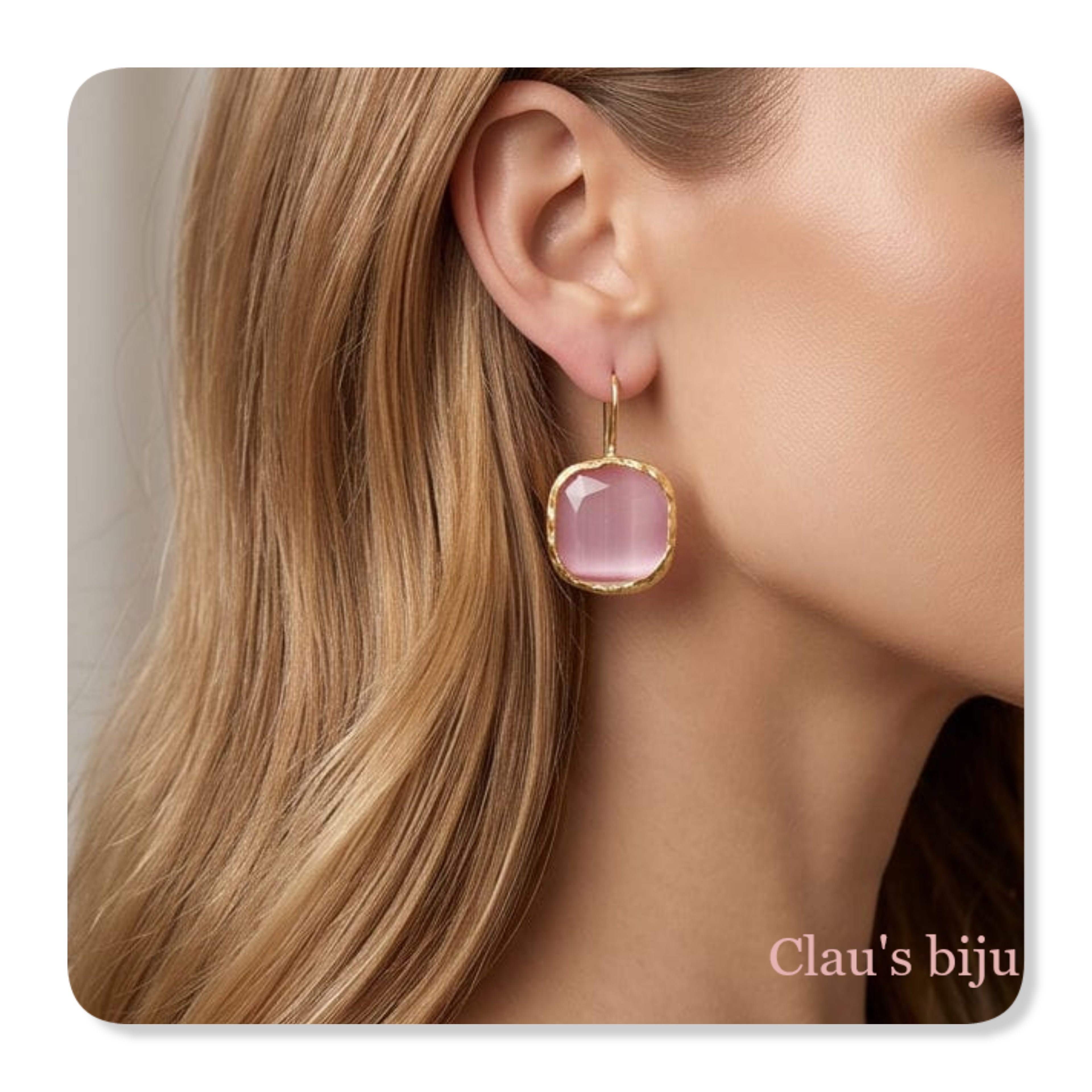 Boucles d'oreilles en pierre de quartz rose, plaquées or.
