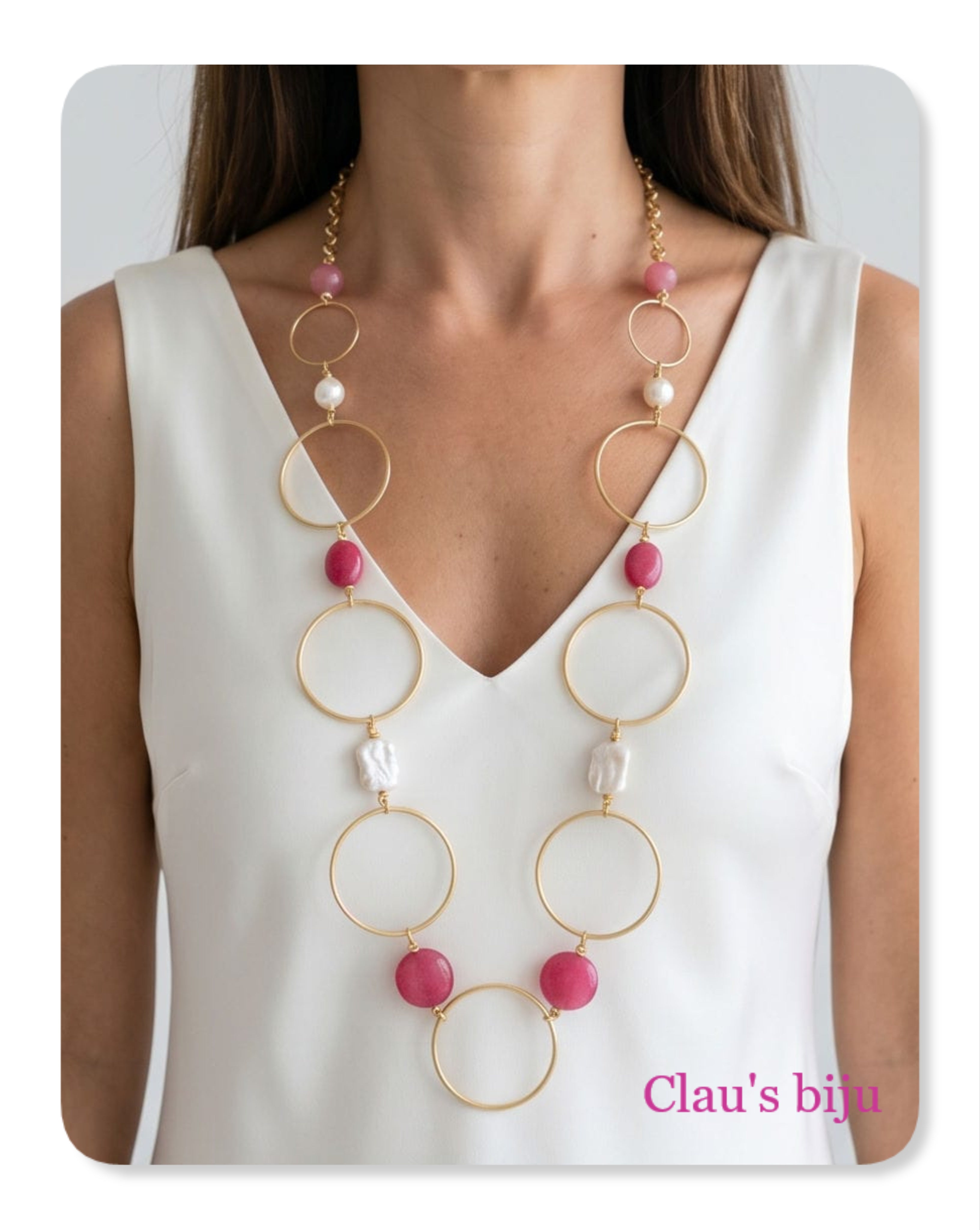 Colar com pérolas e pedras rosa, banhado a ouro de 18 quilates