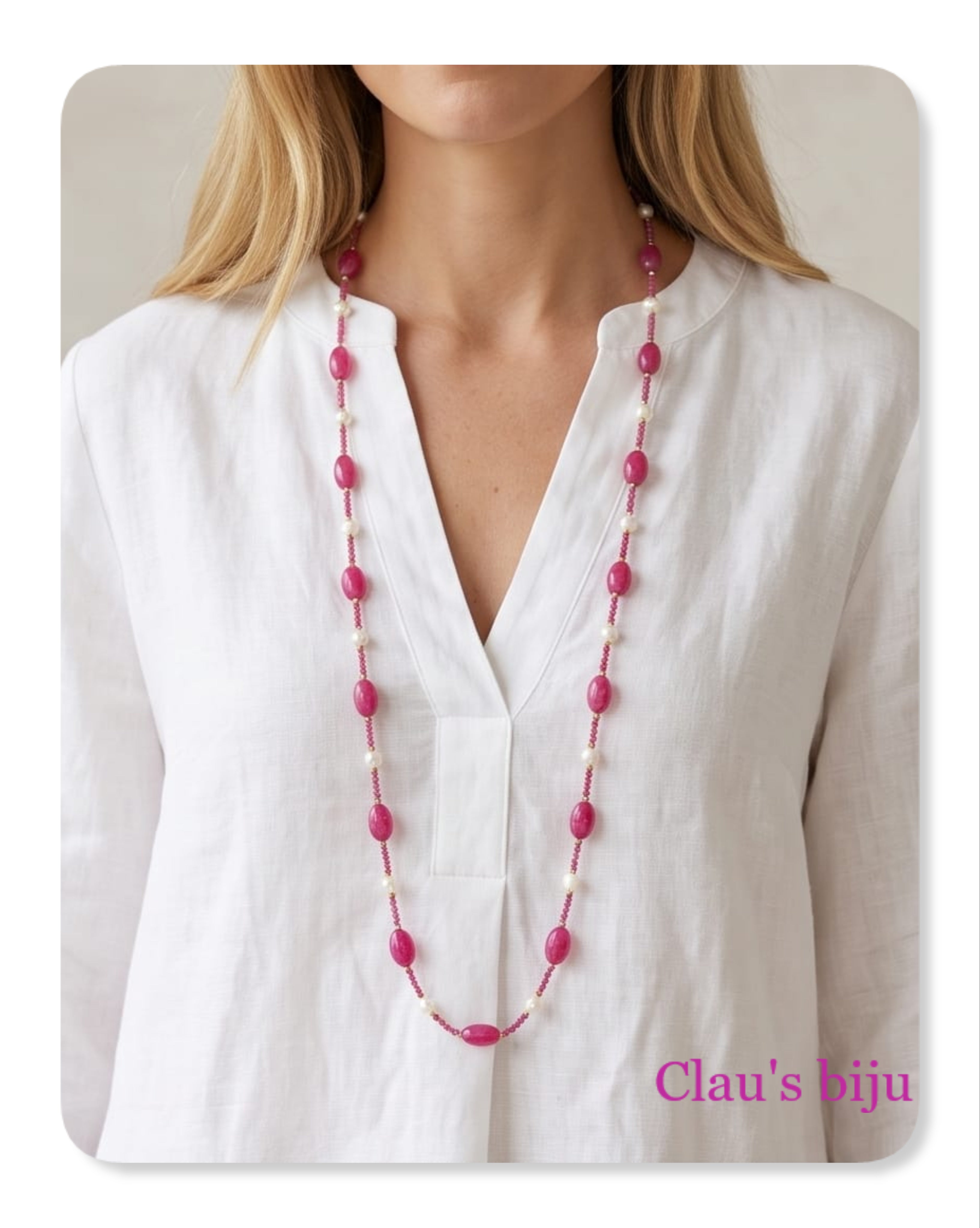 Colar com pérolas e pedras rosa