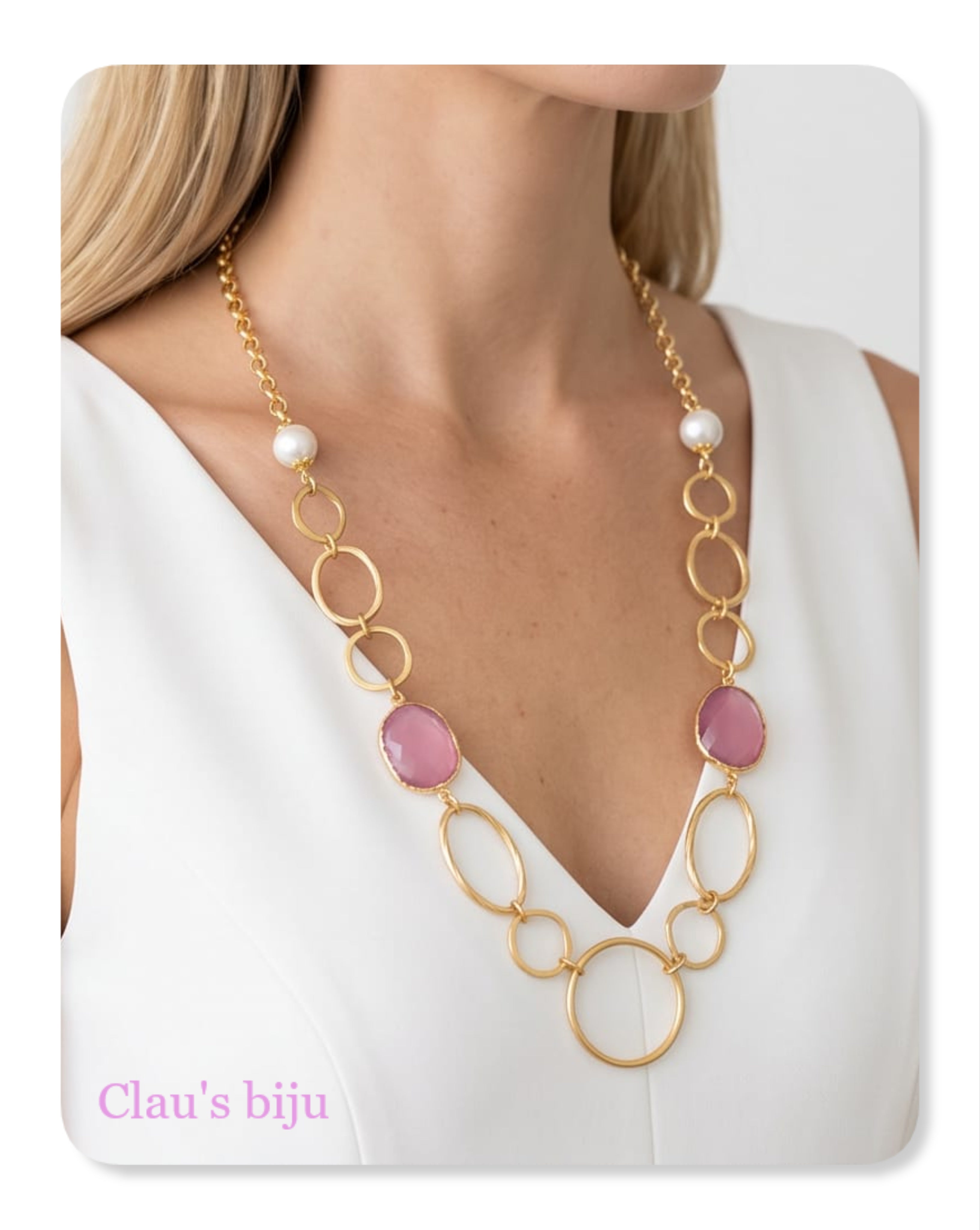 Colar com pedras rosa, banhado a ouro de 18 quilates