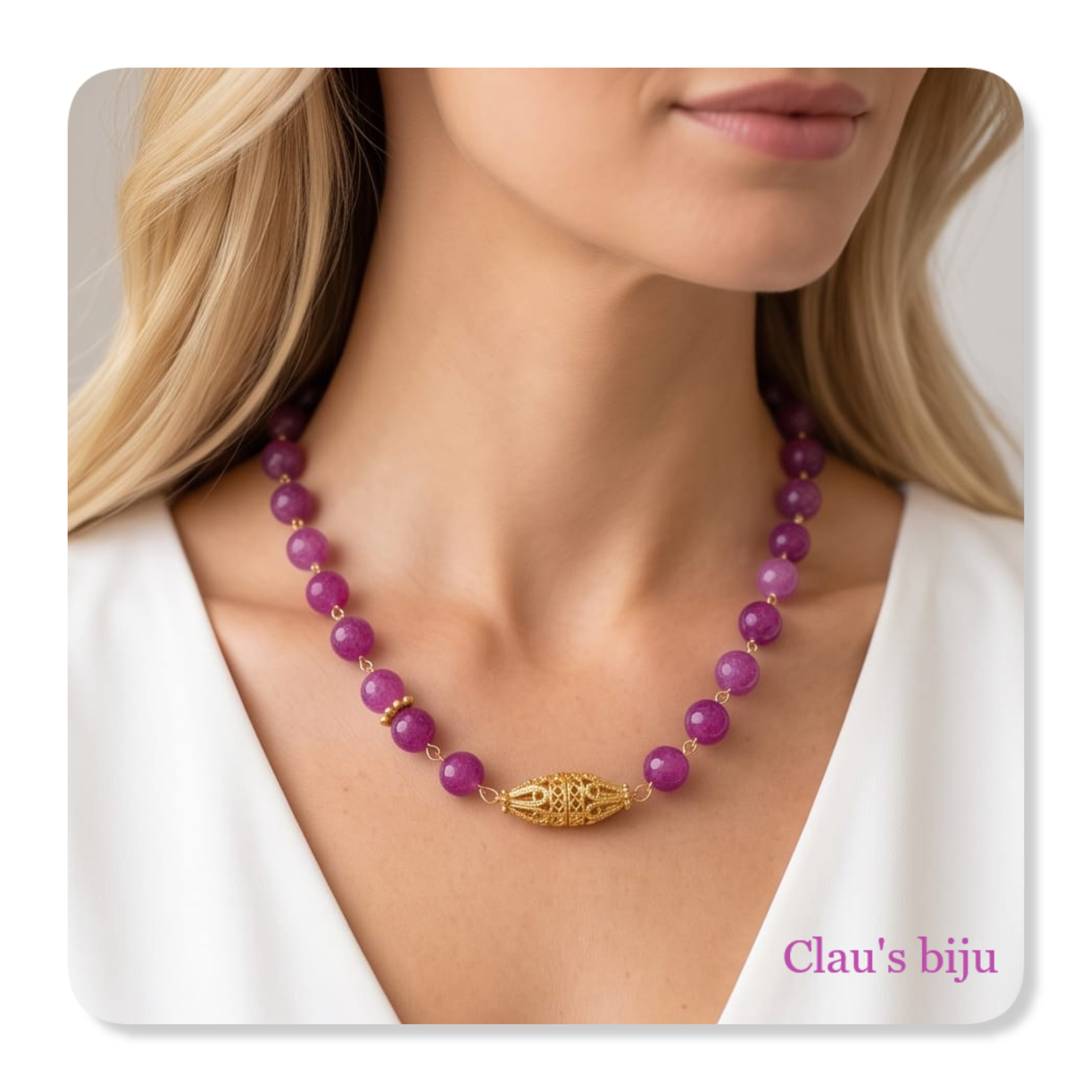 Colar com pedras ágata rosa e peças banhadas a ouro