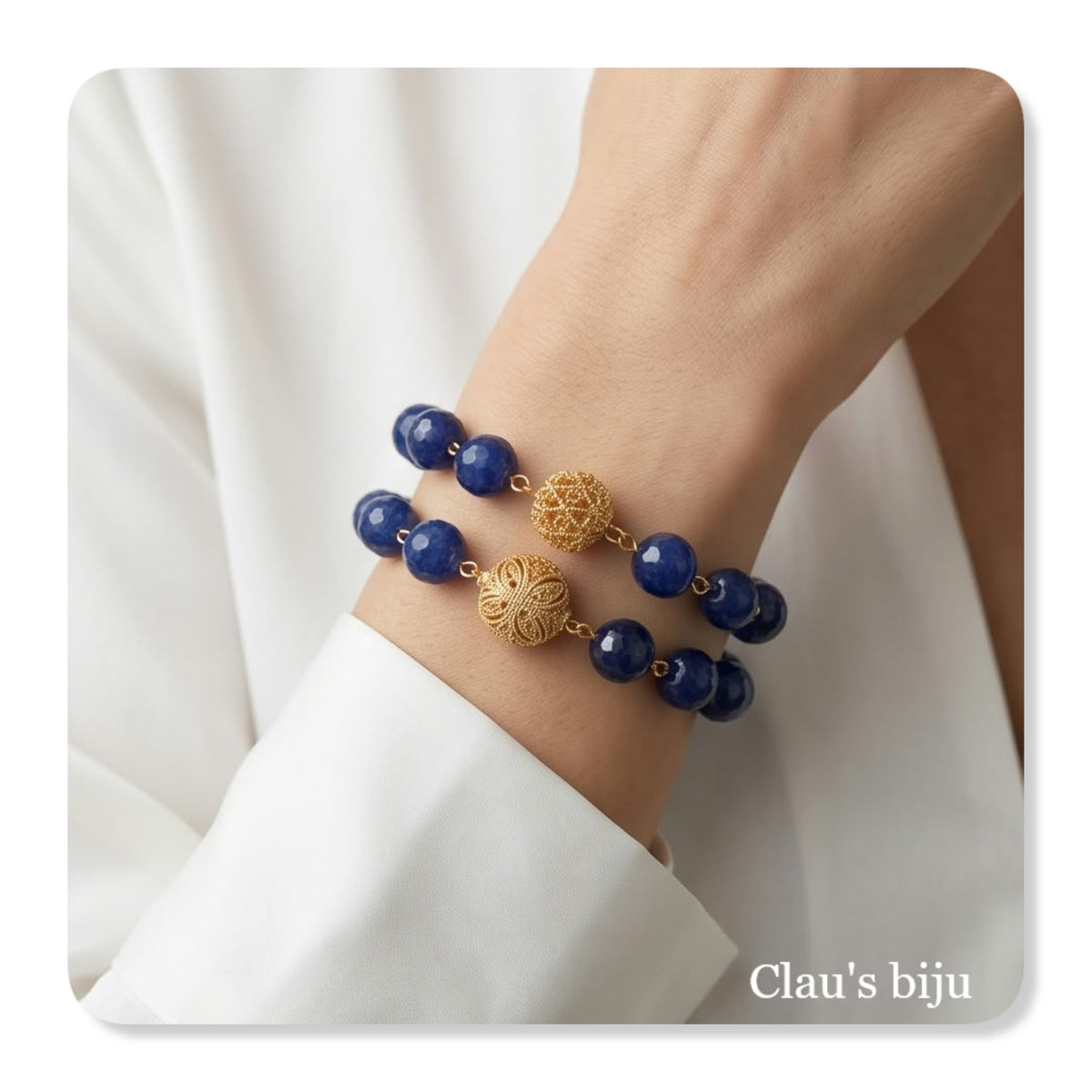 Pulseiras com pedras ágata azuis com peças banhadas a ouro