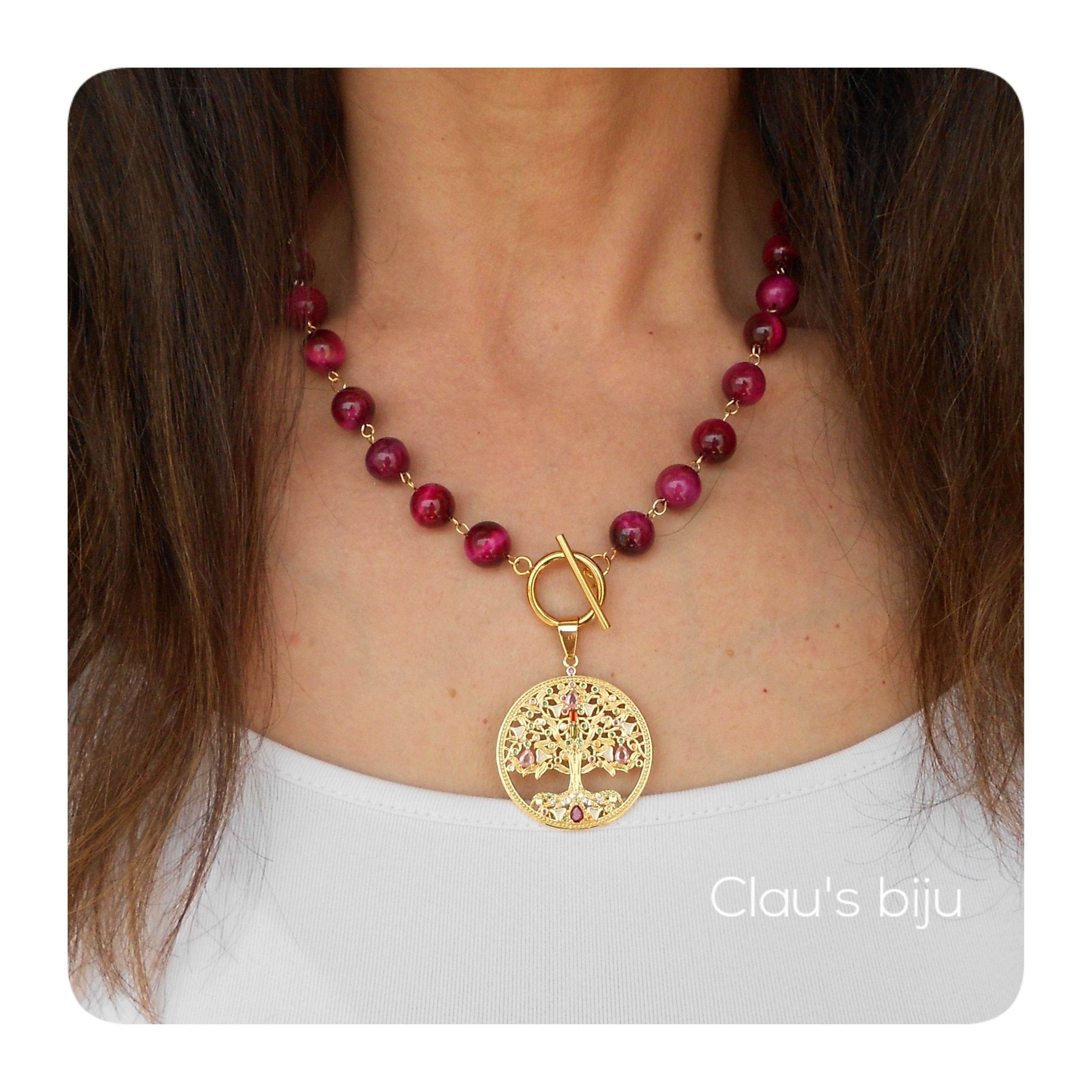 Colar com pedras Olho de tigre rosa