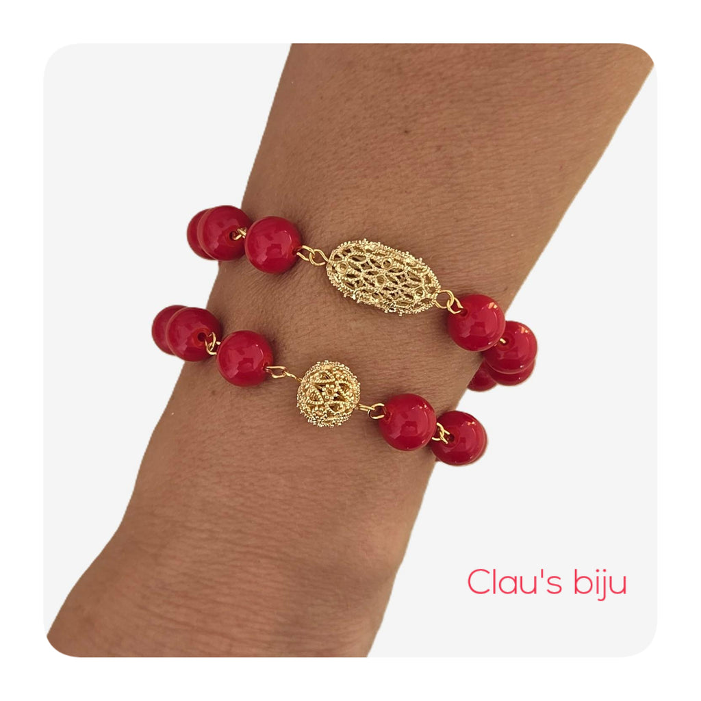 Pulseiras com pedras Ágata vermelhas com peças banhadas a ouro