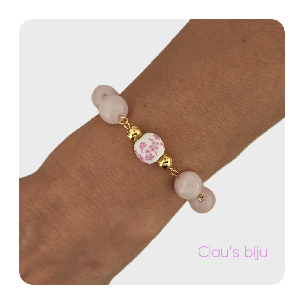 Colar com pedras Quartzo rosa com contas em cerâmica