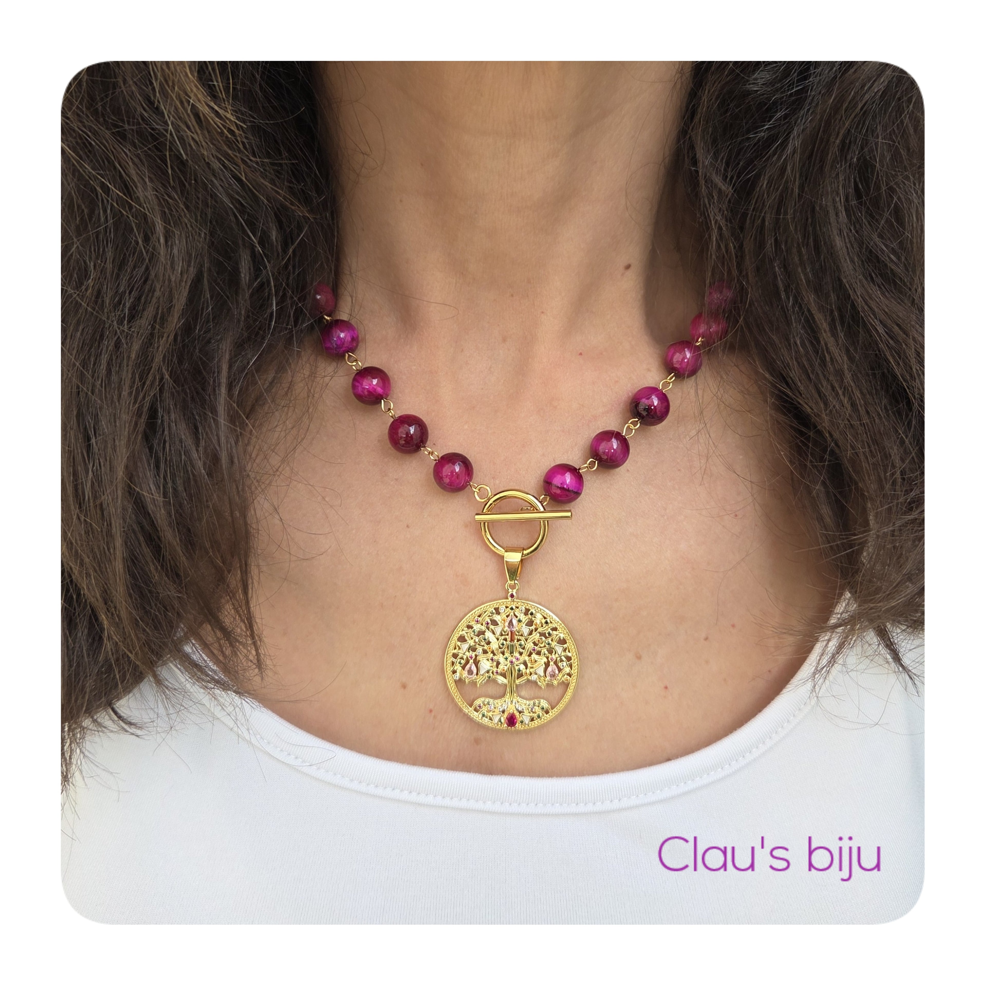 Necklace with pink Tiger's Eye stones.