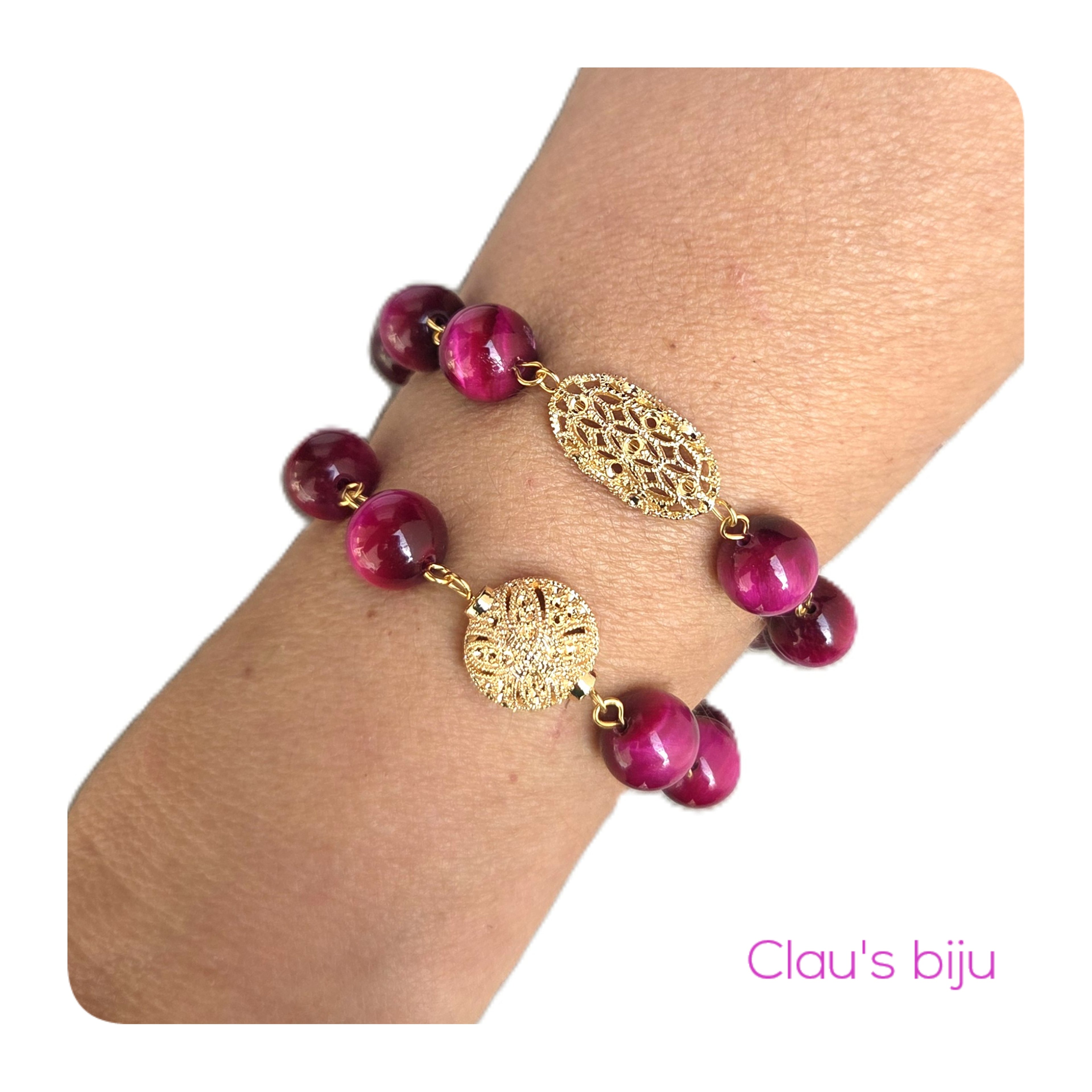 Necklace with pink Tiger's Eye stones.