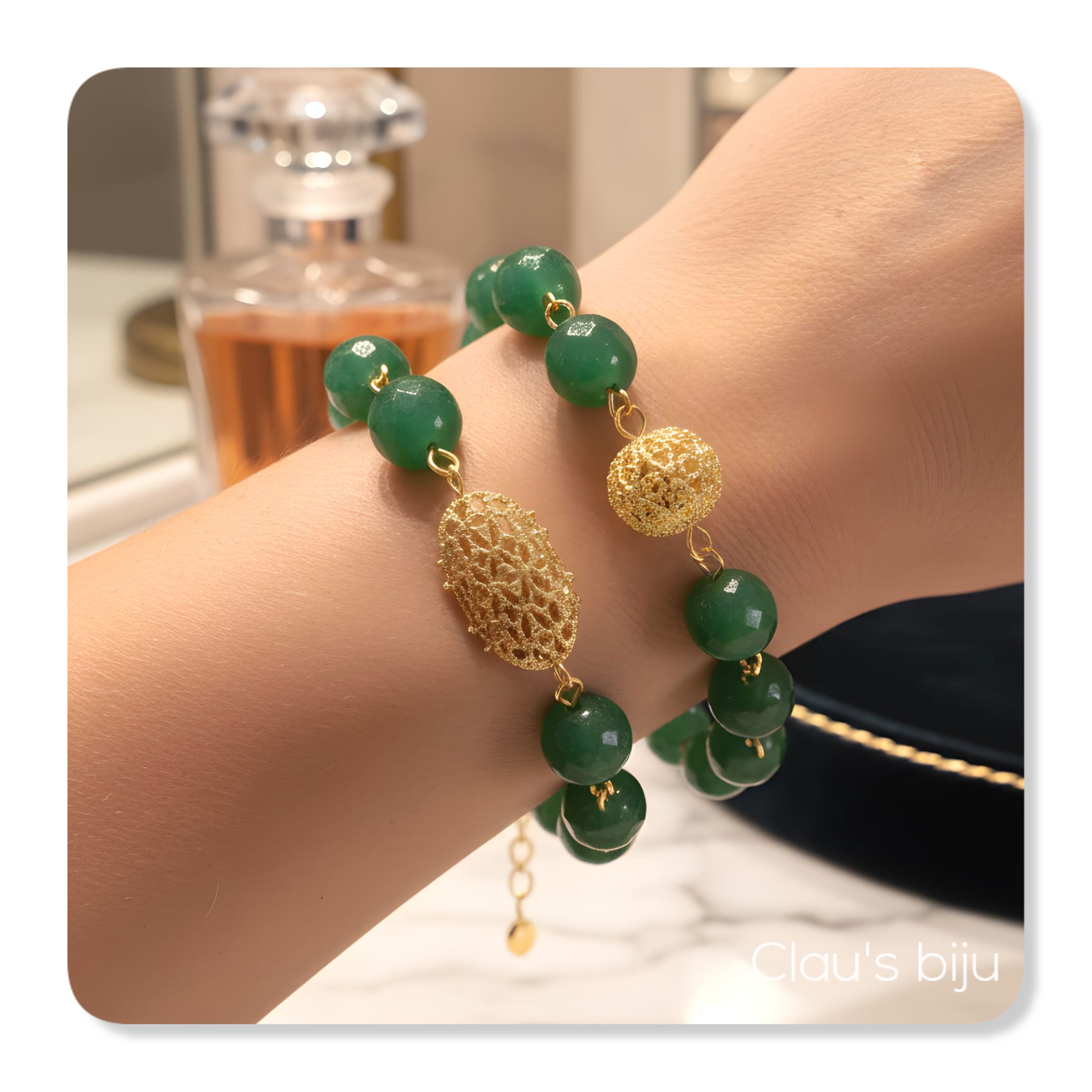 Bracelets with green stones and 18-karat gold-plated pieces.