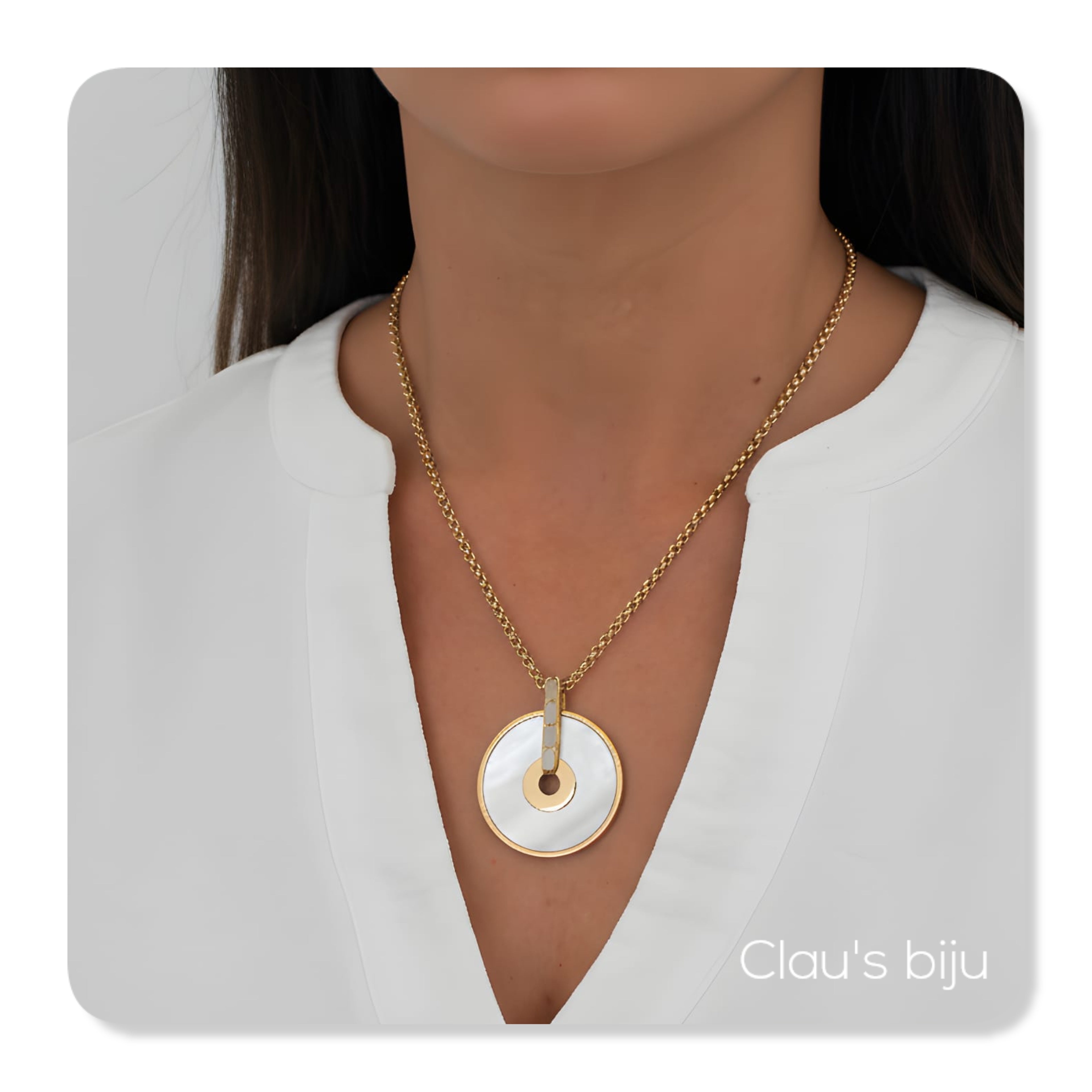 Fio com medalhão em aço e madrepérola