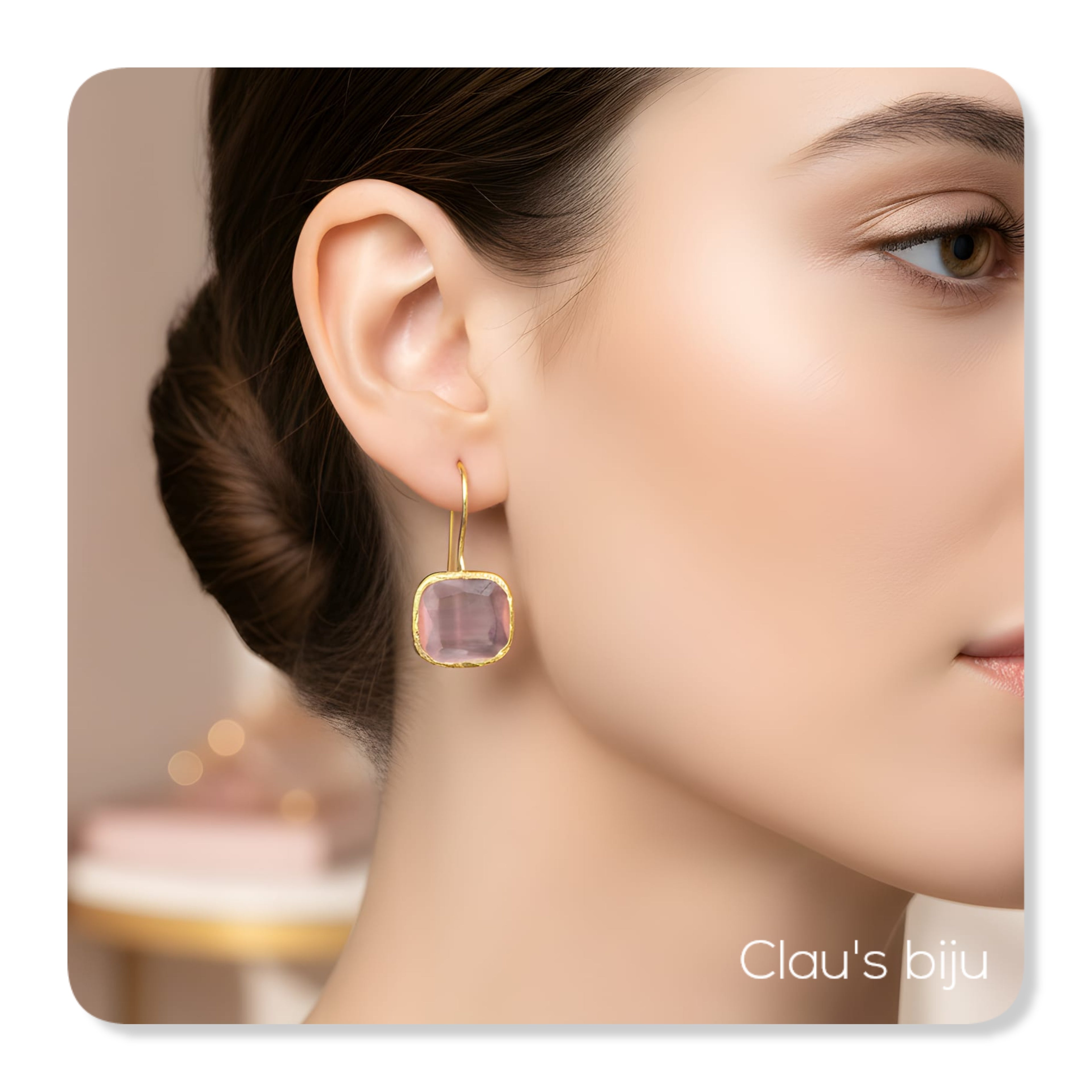Boucles d'oreilles en pierre de quartz rose, plaquées or.