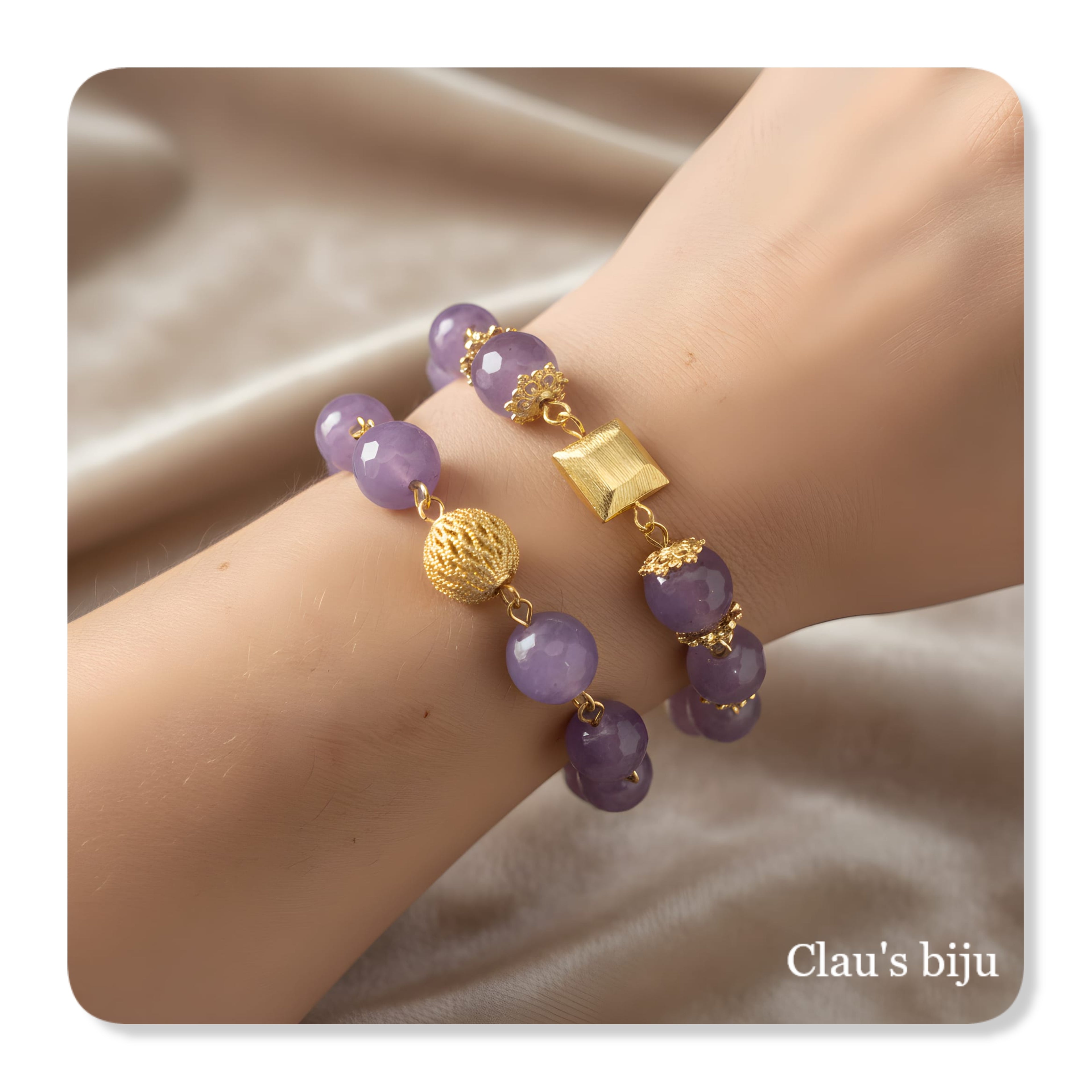 Bracelets with lilac stones and 18-karat gold-plated pieces.