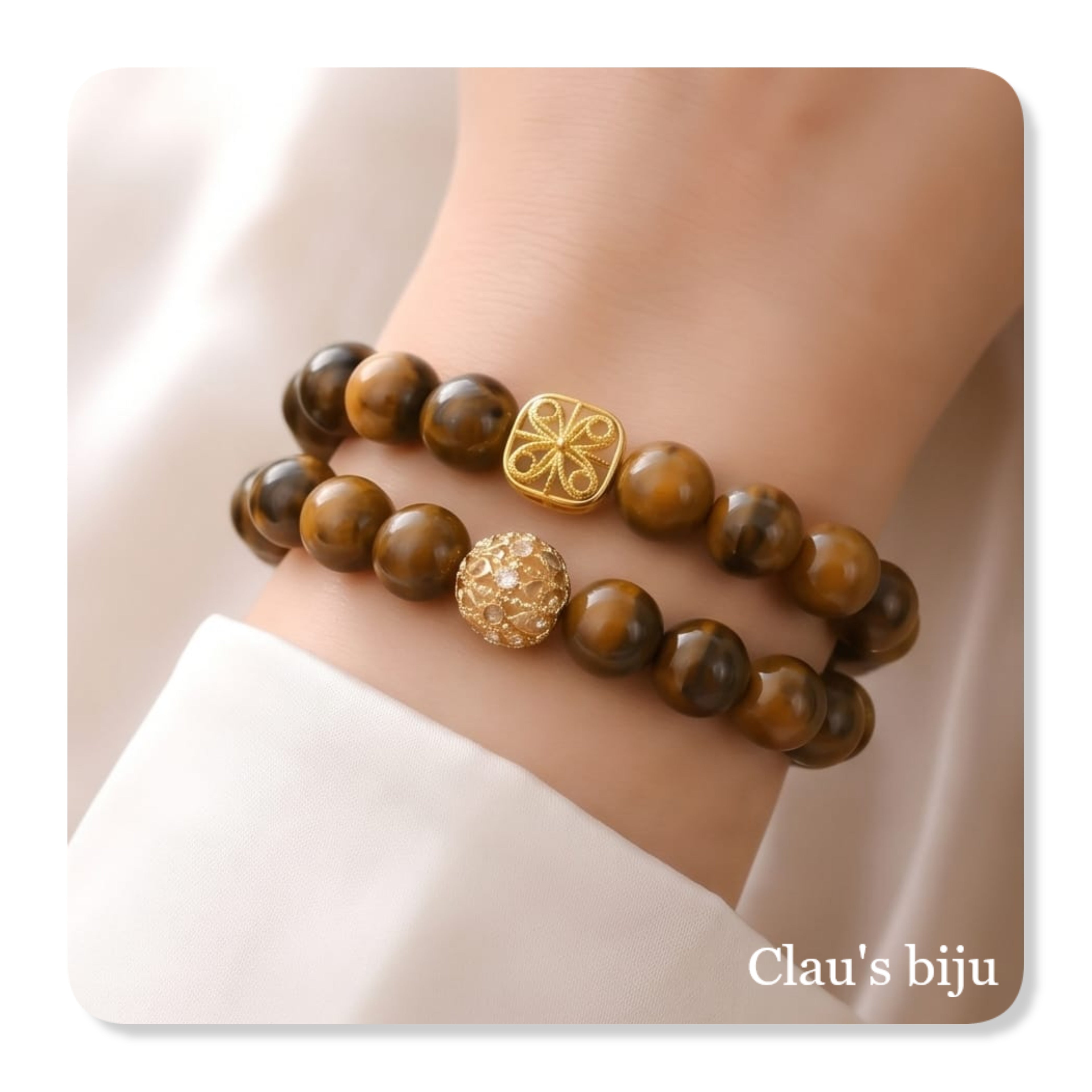Pulseiras com pedras olho de tigre com peças banhadas a ouro