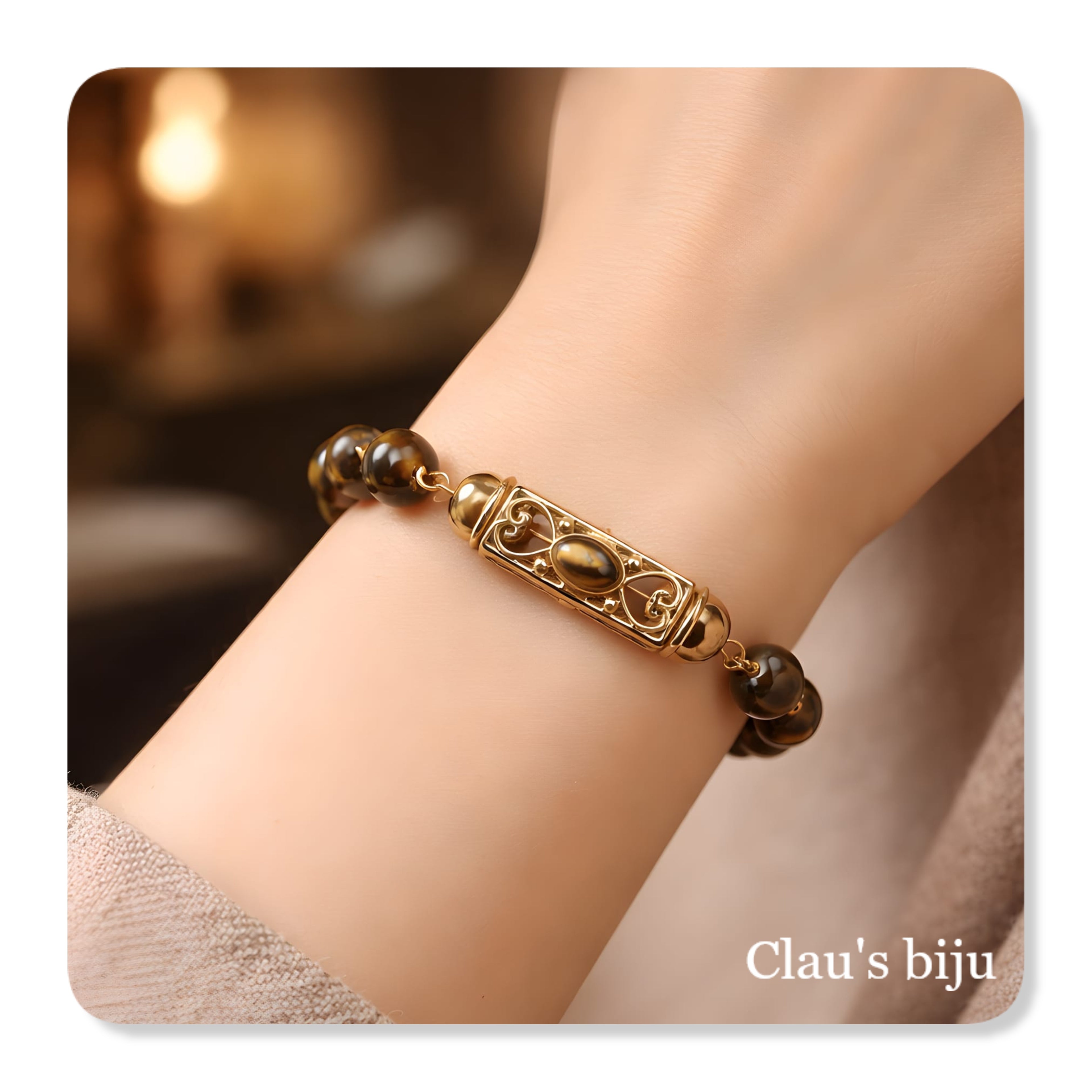 Pulseira com pedras olho de tigre com peças me aço