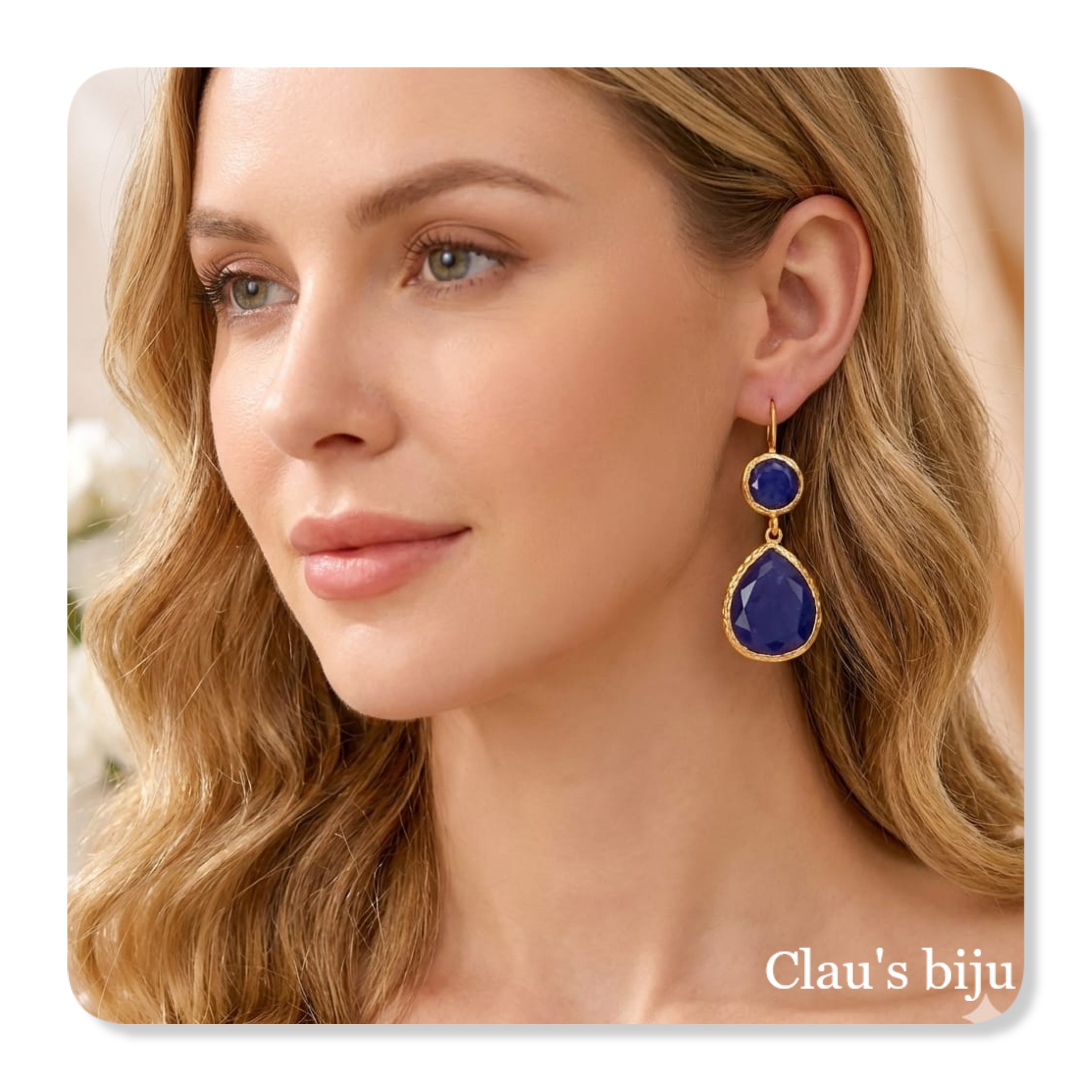 Brincos com quartzo azul, banhados a ouro de 18 quilates