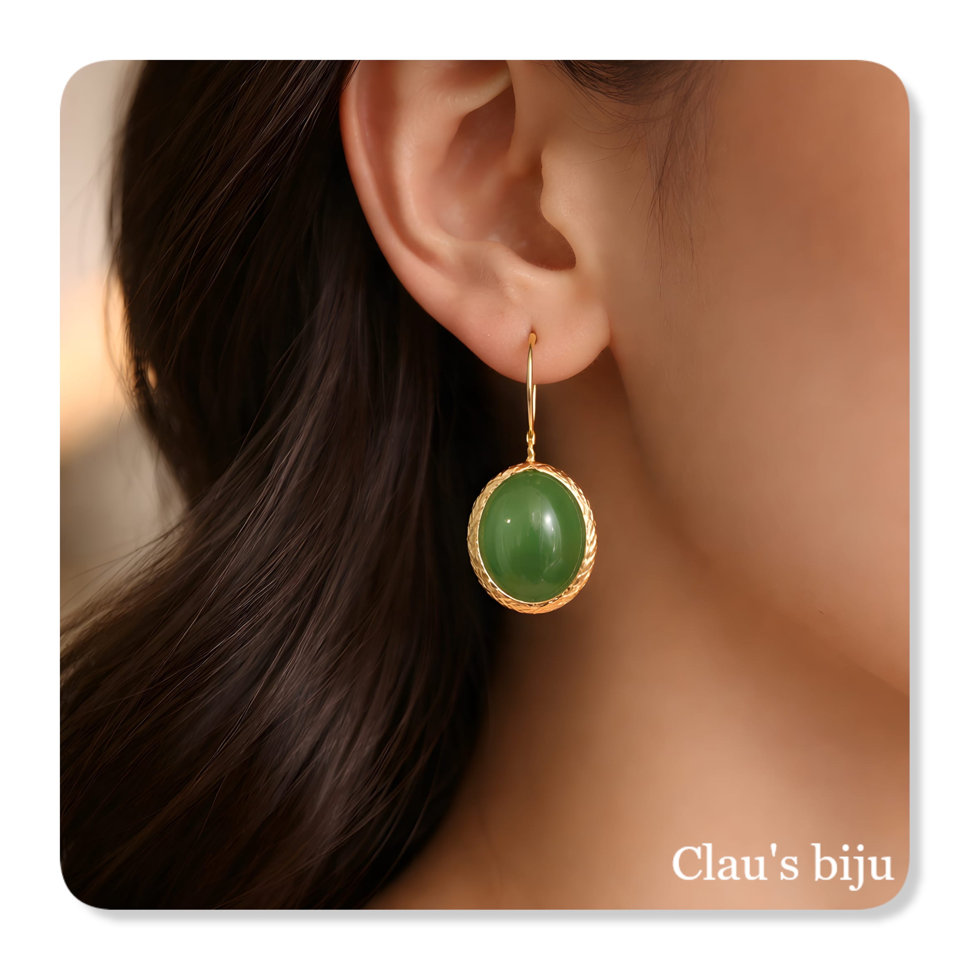 Brincos com pedra olho de gato verde, banhados a ouro de 18 quilates