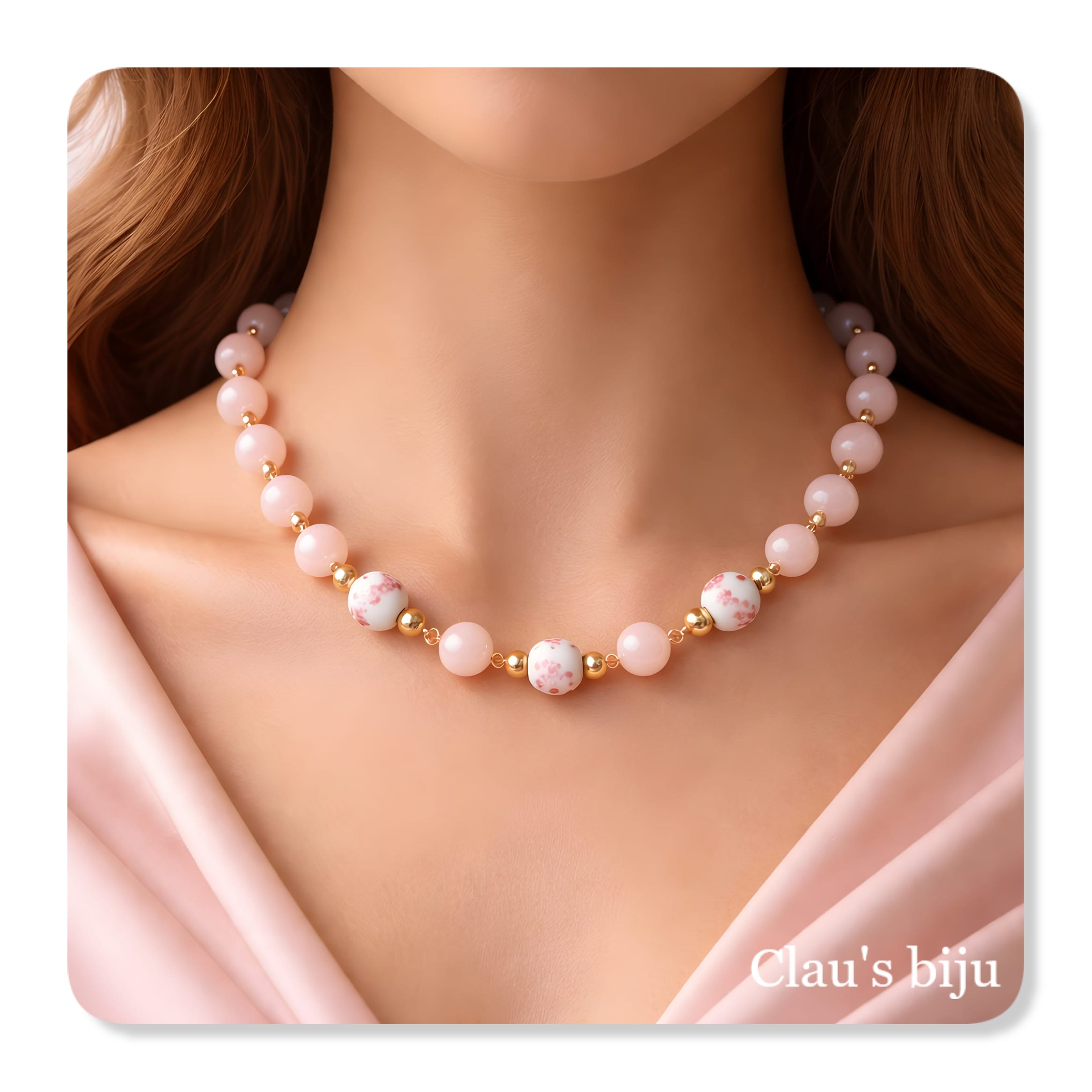 Colar com pedras Quartzo rosa com contas em cerâmica