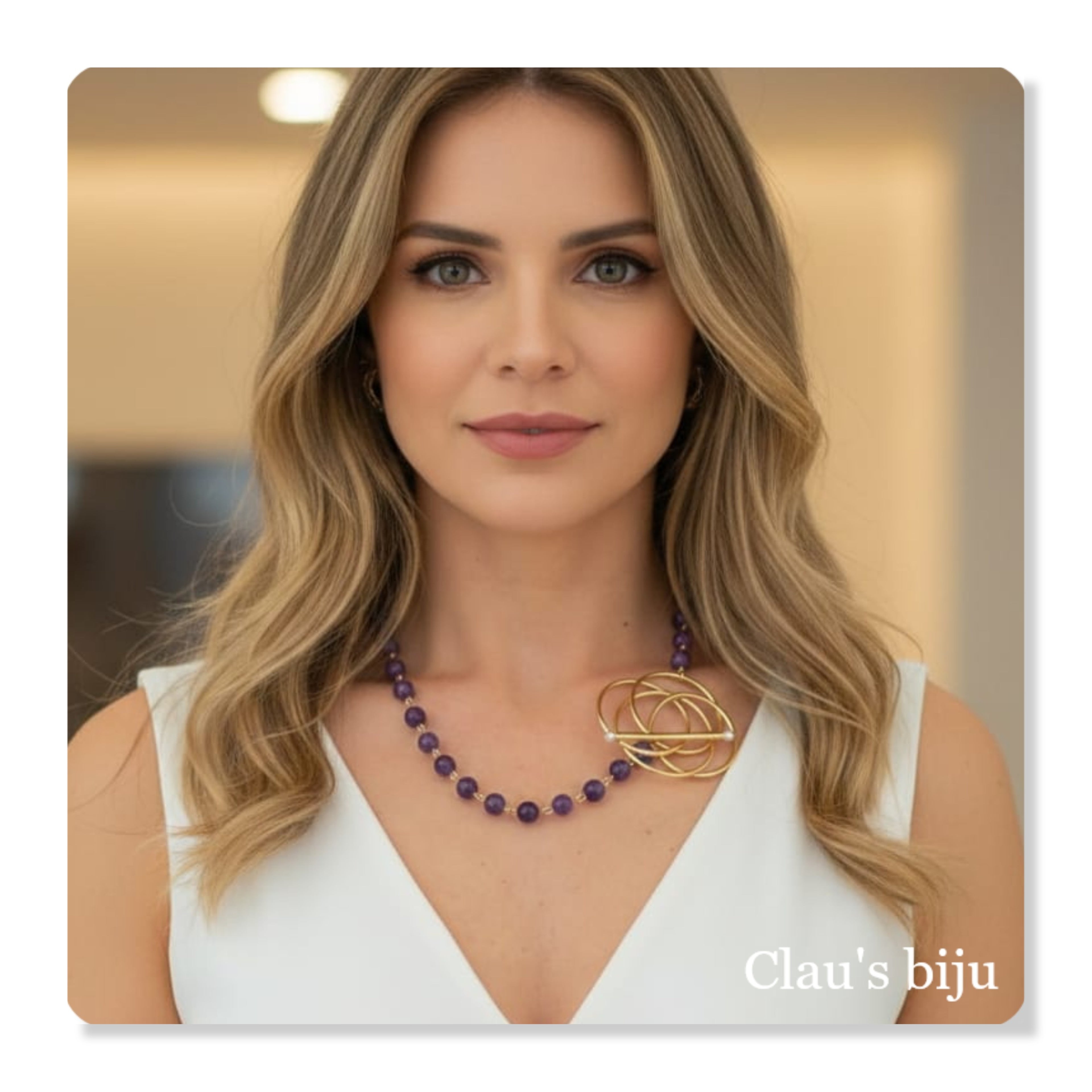 Colar com pedras Ametista com peças em aço