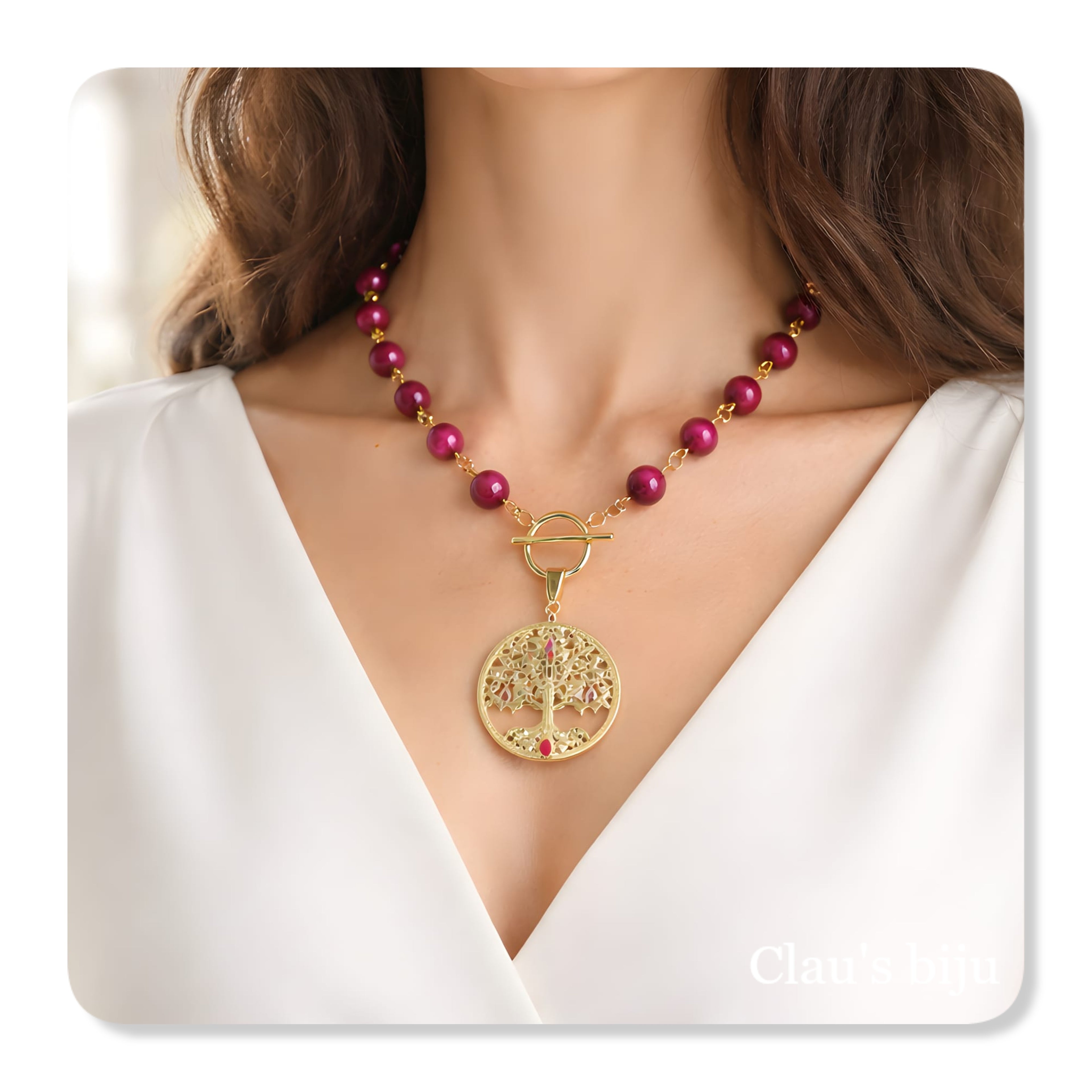 Colar com pedras Olho de tigre rosa