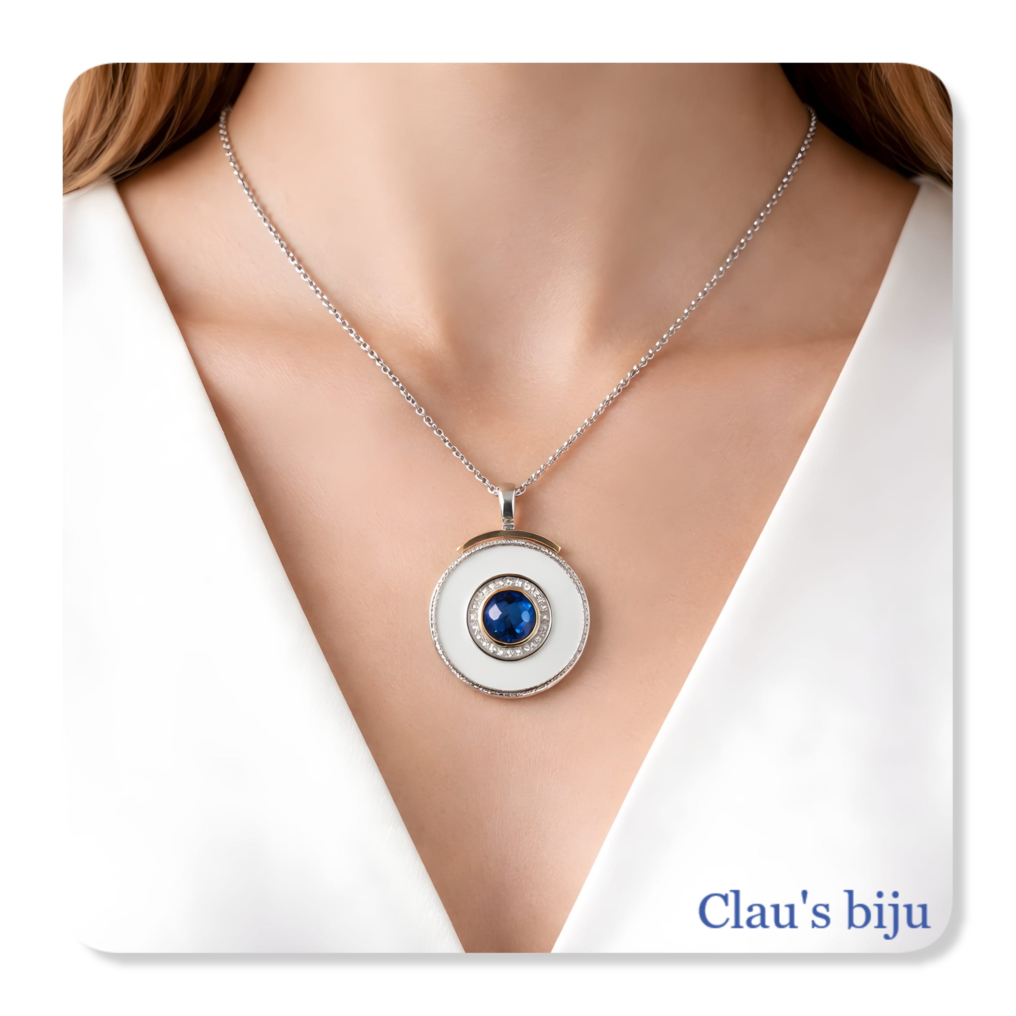 Collier avec médaillon, en acier et nacre avec pierre bleue.