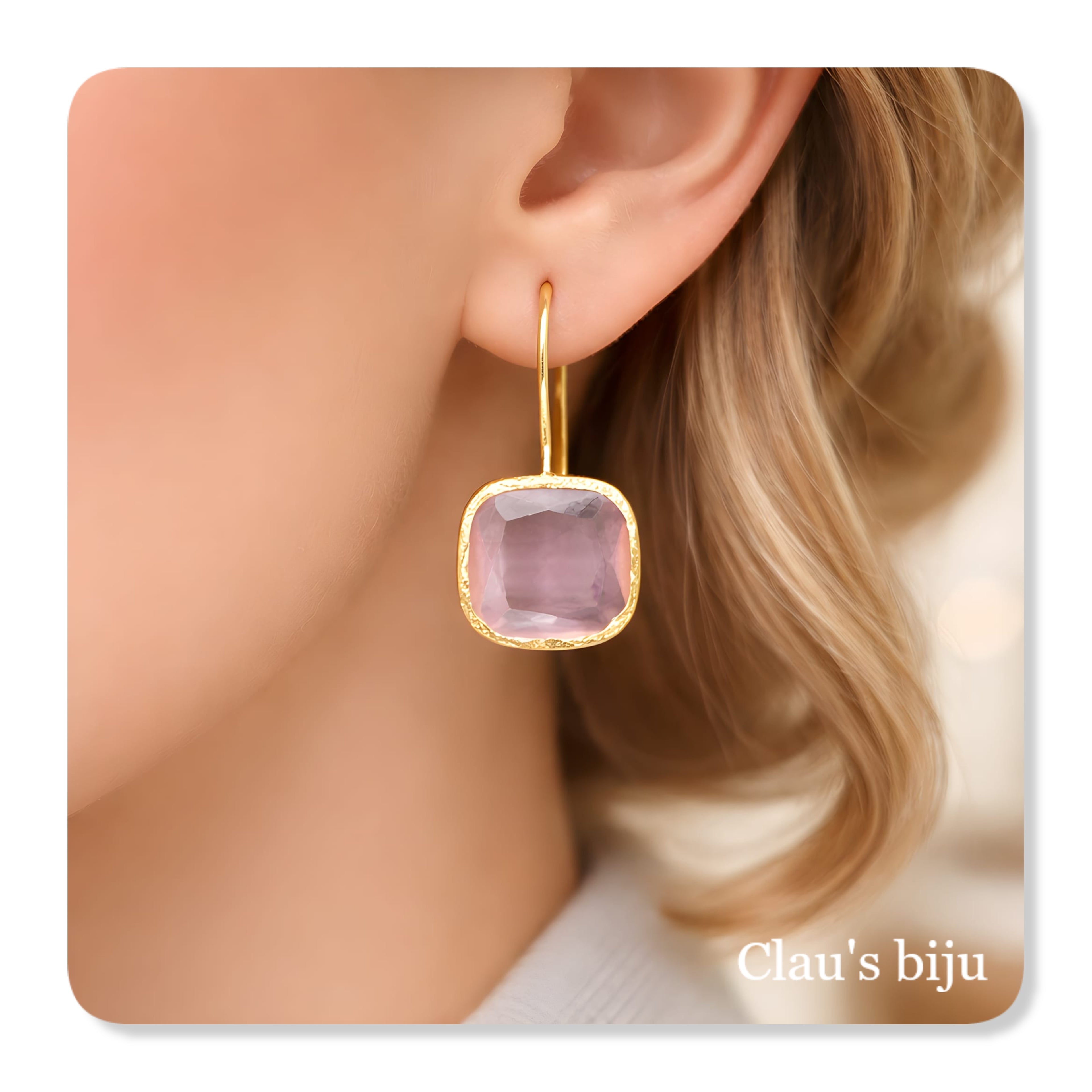 Earrings with rose quartz stone, gold plated.
