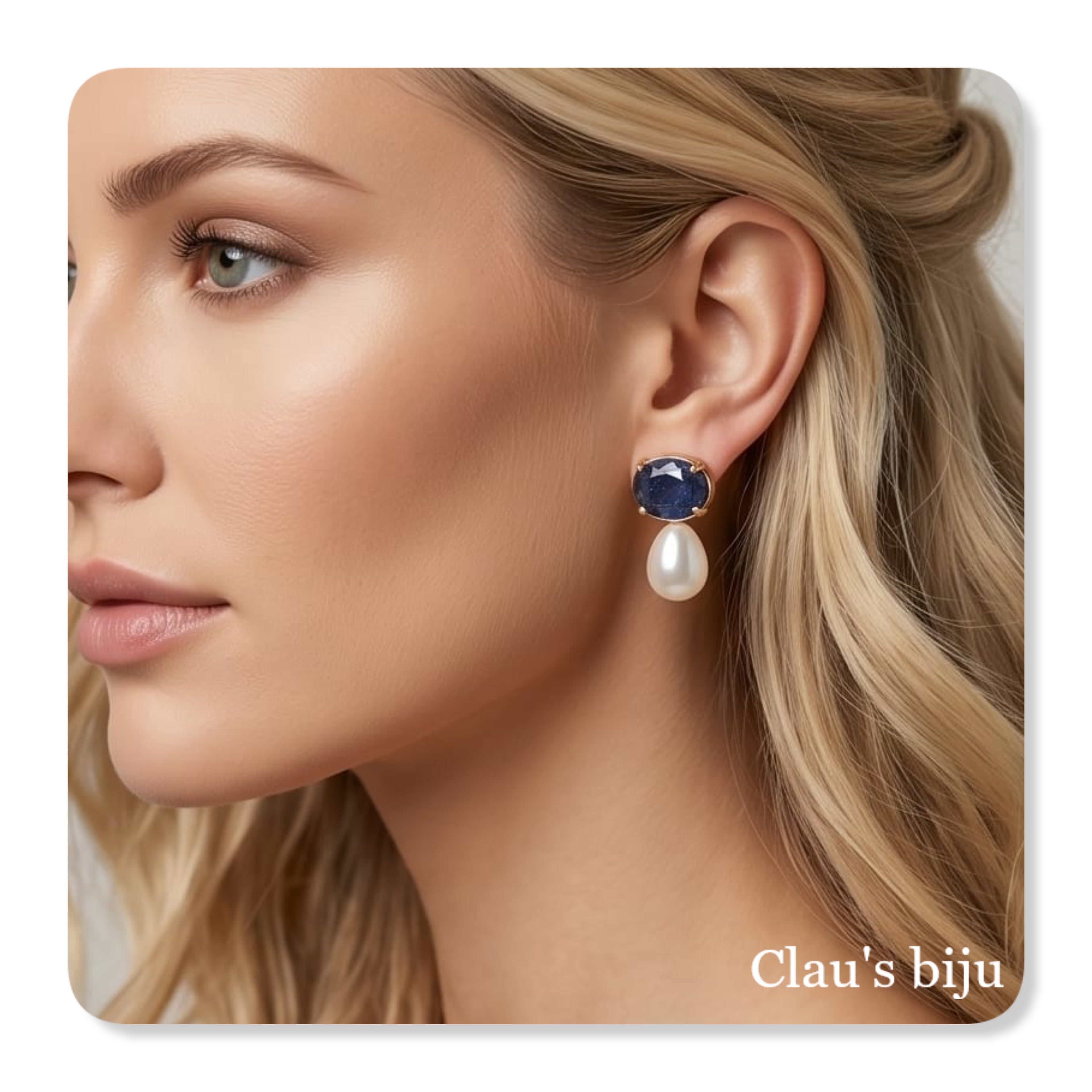 Brincos com pedra azul e pérola, banhados a ouro de 18 quilates