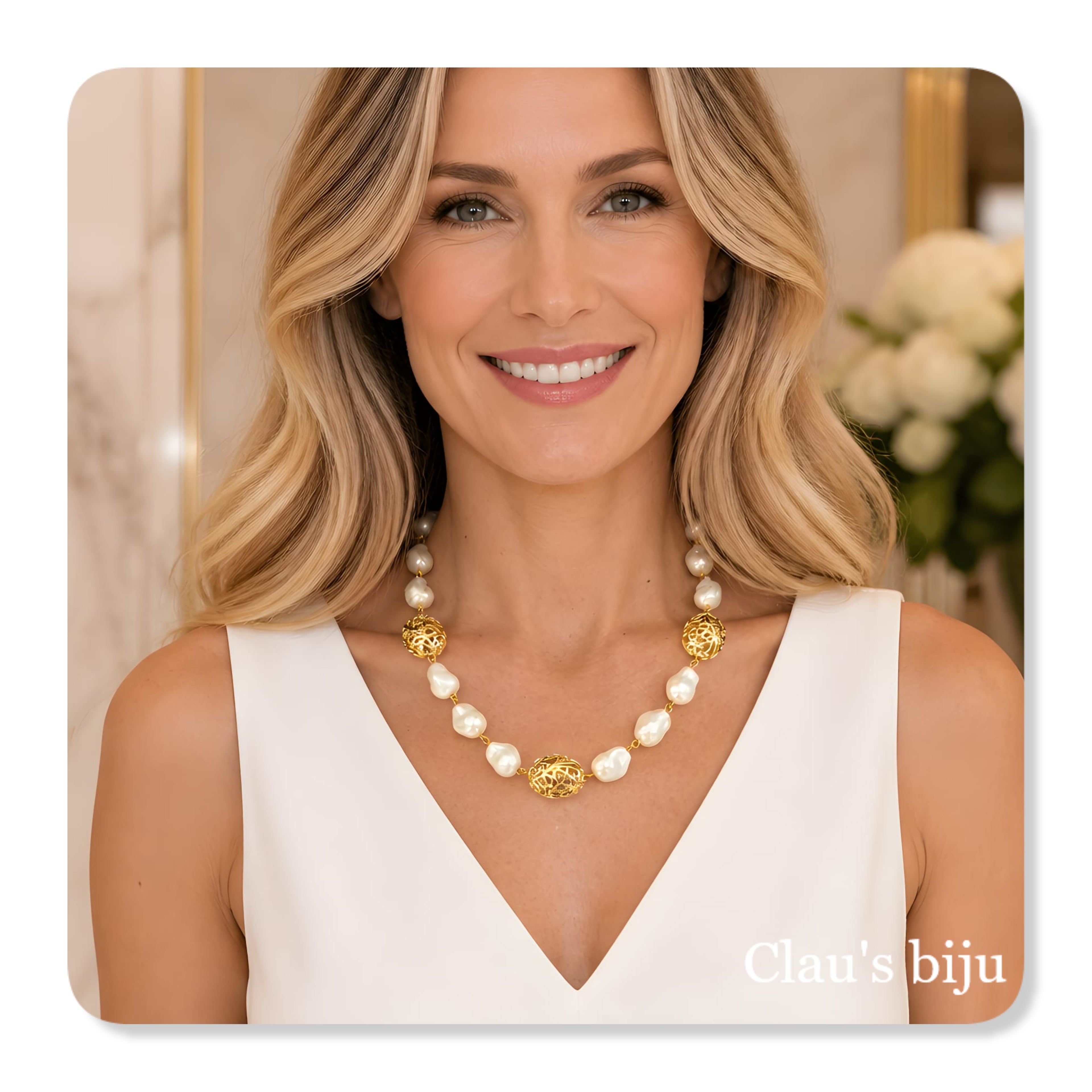 Pulseira de pérolas com peça banhada a ouro