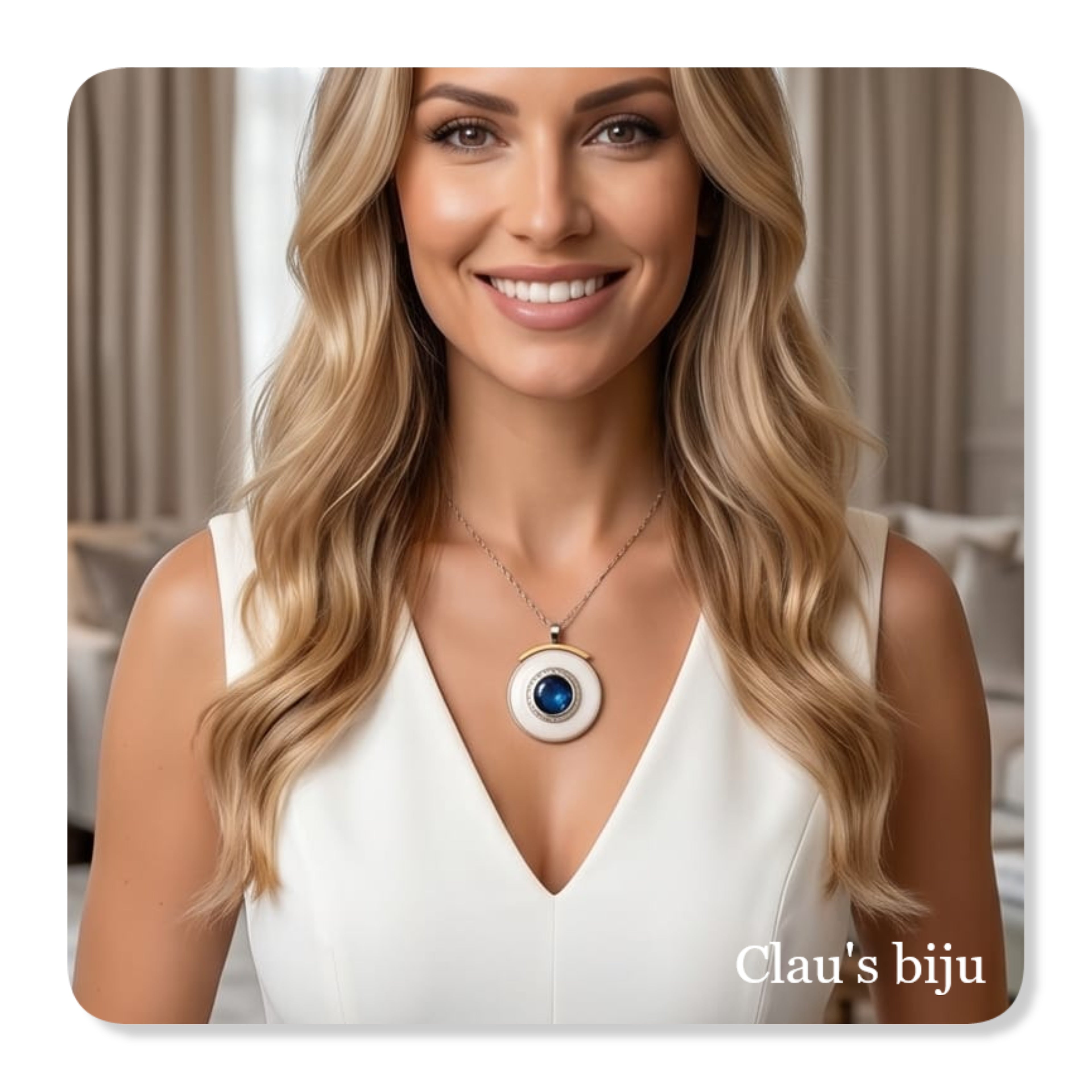 Fio com medalhão, em aço, com pedra azul